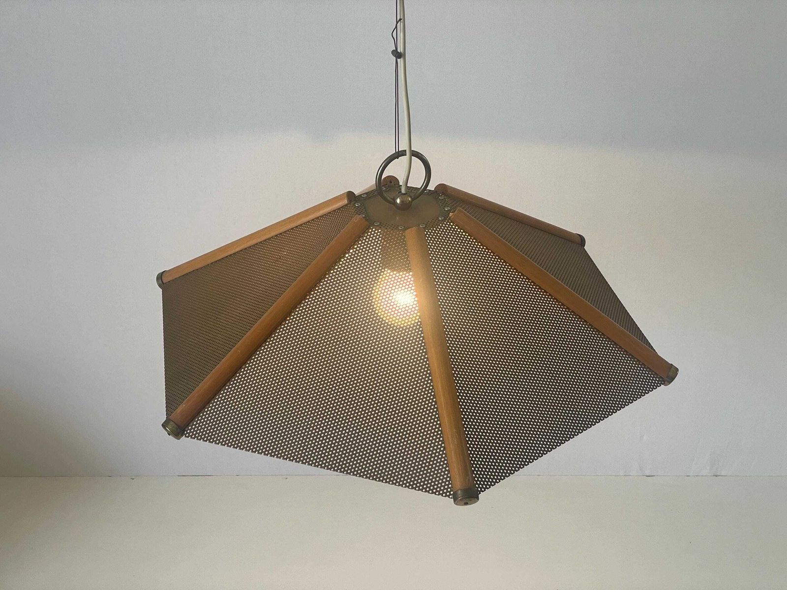 6 Leaves Wood Lines And Metal Body Pendant Lamp, 1960s, Italy photo Lighting