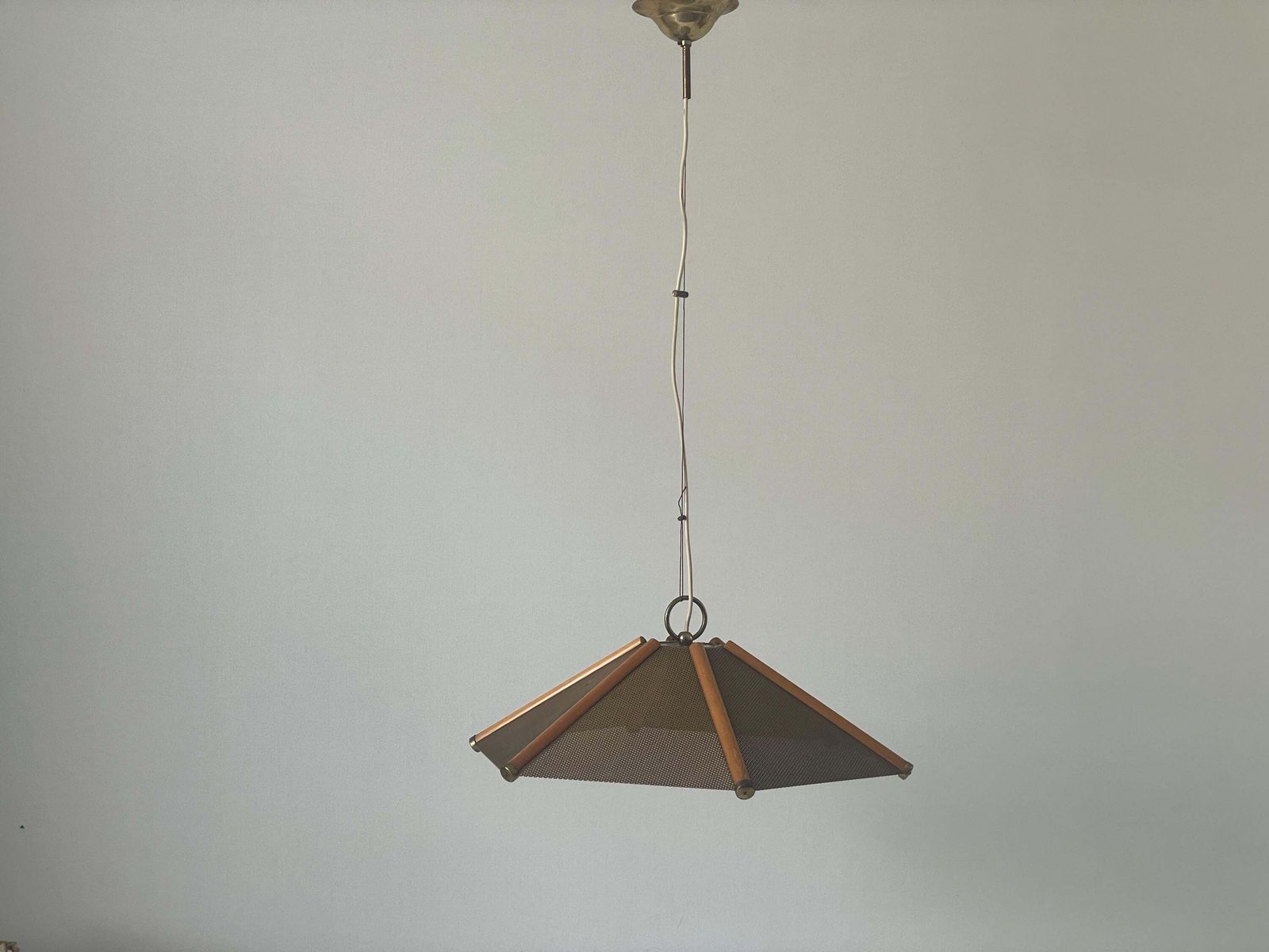 6 Leaves Wood Lines And Metal Body Pendant Lamp, 1960s, Italy photo buy