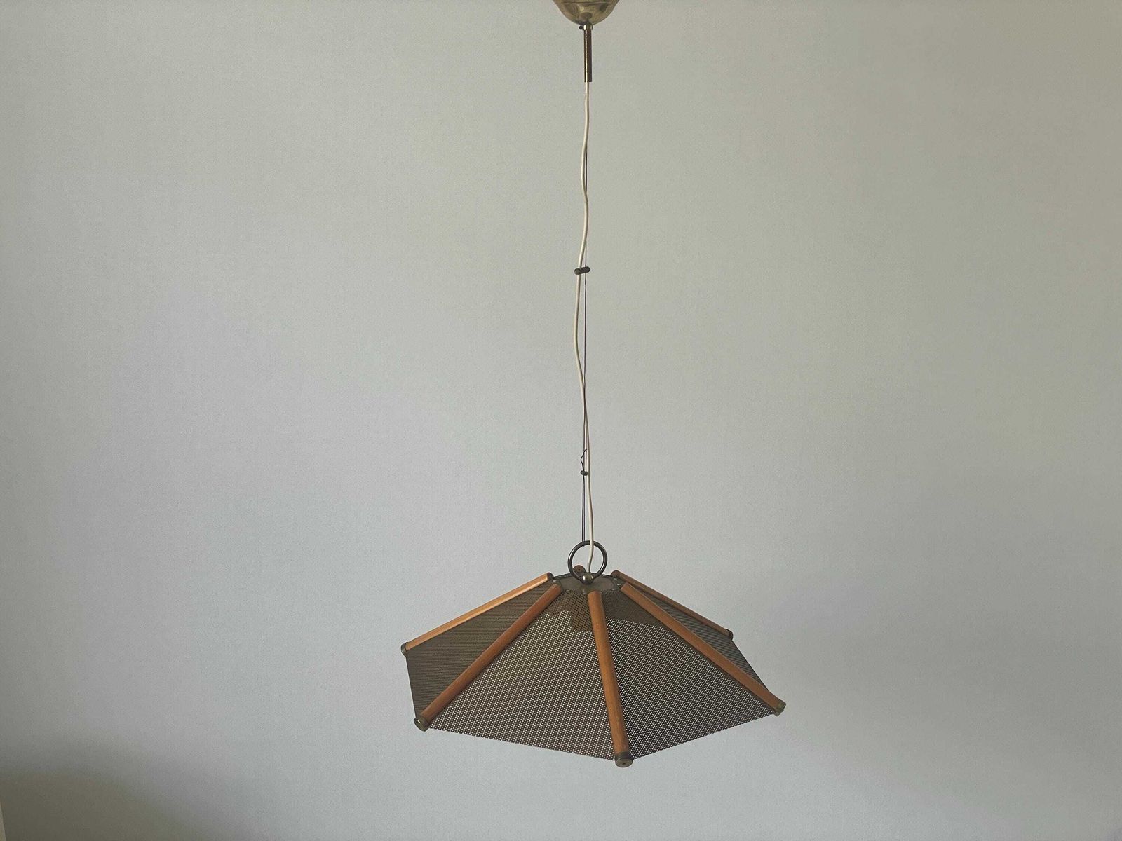 photo for sale 6 Leaves Wood Lines And Metal Body Pendant Lamp, 1960s, Italy
