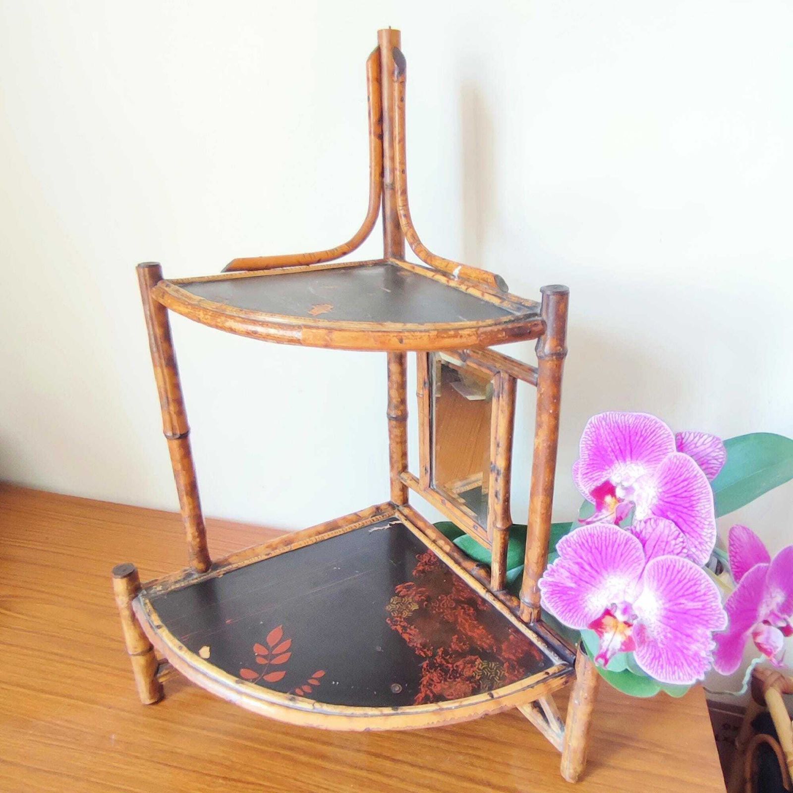 Antique Art Nouveau Tiger Bamboo Corner Etagere W/ Mirror & Chinoiserie, Small Boho Two Tier Shelving Unit Retro Tabletop Rustic Plant Stand