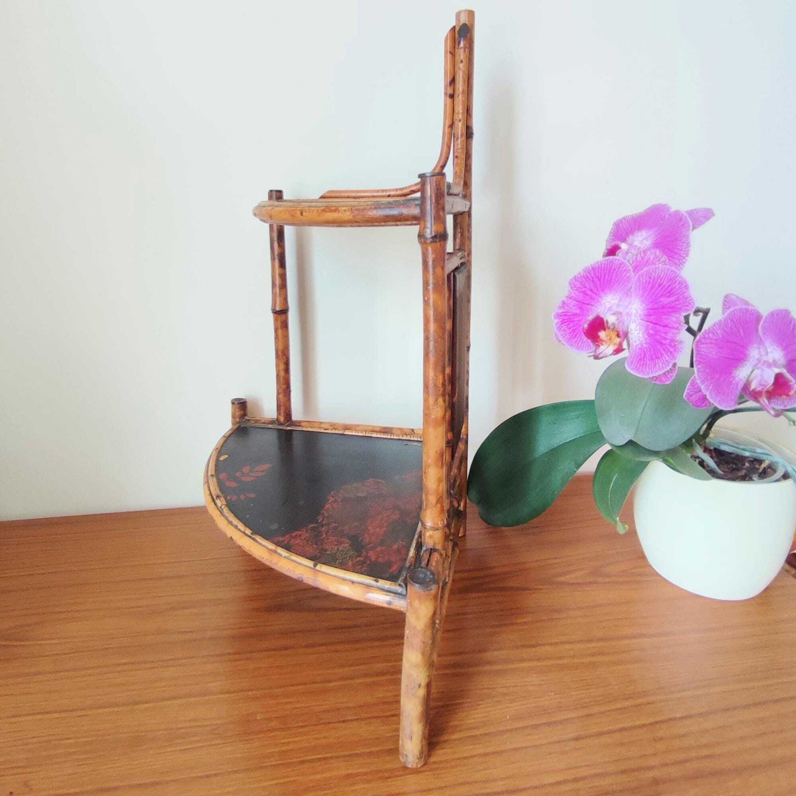 Antique Art Nouveau Tiger Bamboo Corner Etagere W/ Mirror & Chinoiserie, Small Boho Two Tier Shelving Unit Retro Tabletop Rustic Plant Stand photo vinterior