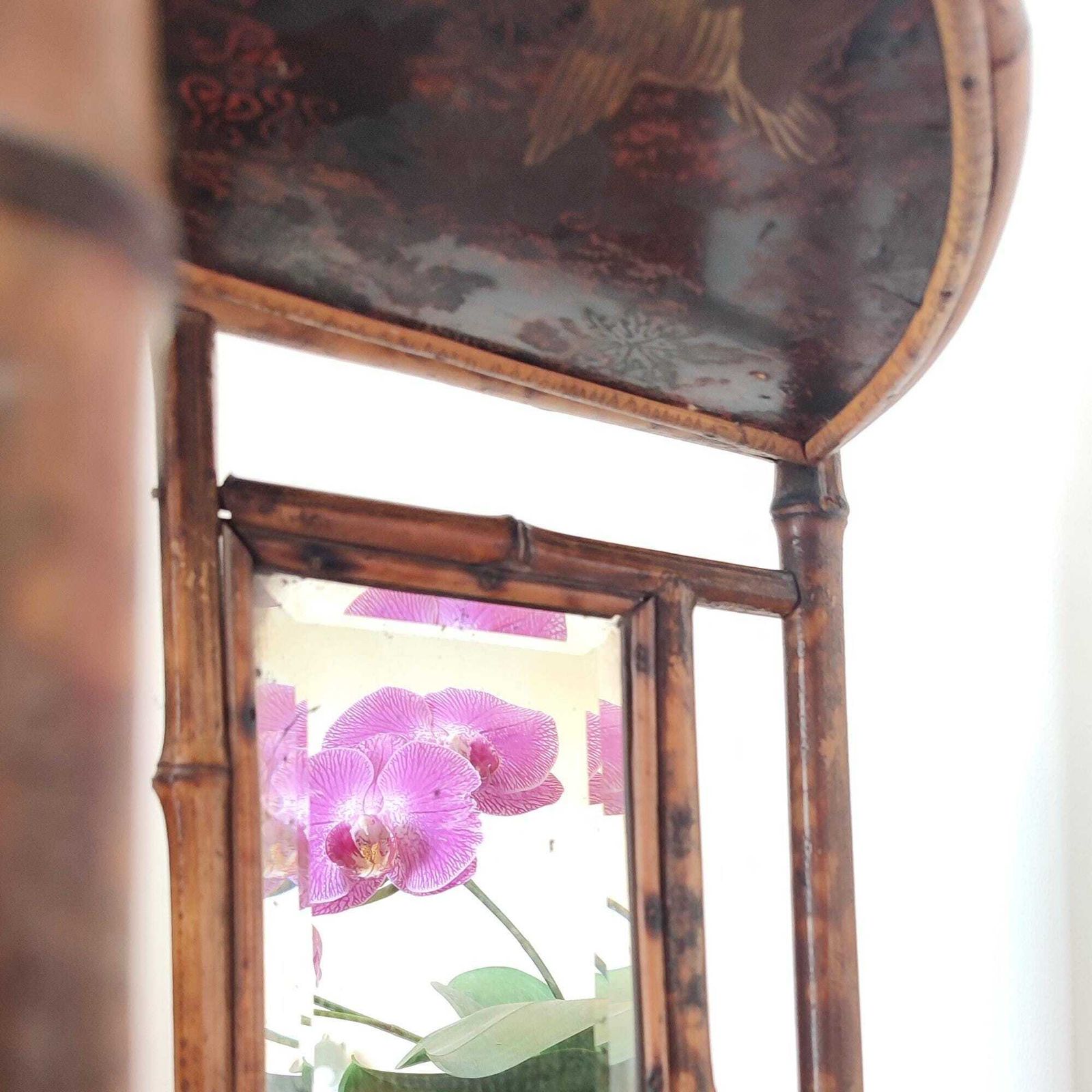 Antique Art Nouveau Tiger Bamboo Corner Etagere W/ Mirror & Chinoiserie, Small Boho Two Tier Shelving Unit Retro Tabletop Rustic Plant Stand photo buy