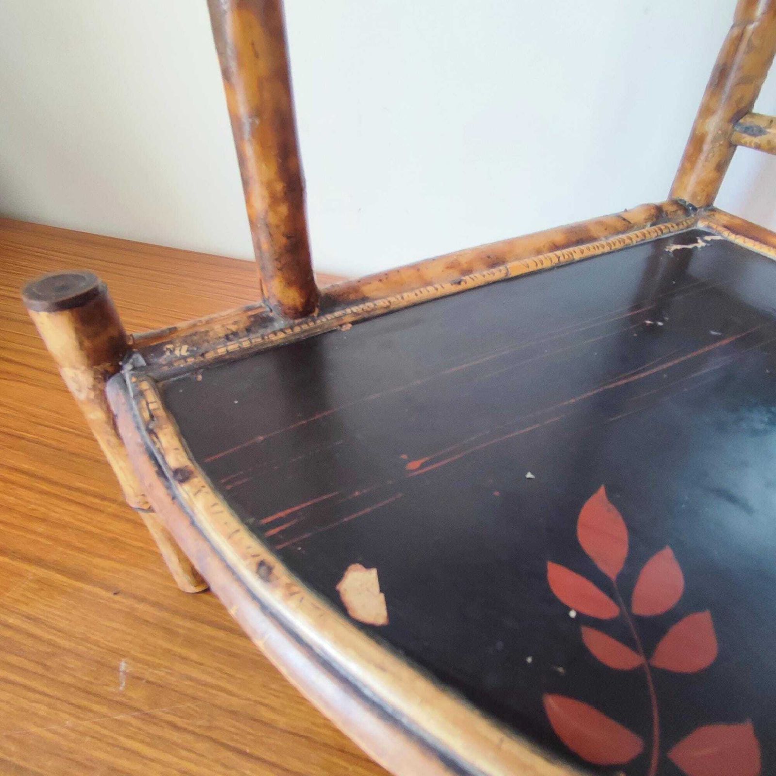 Antique Art Nouveau Tiger Bamboo Corner Etagere W/ Mirror & Chinoiserie, Small Boho Two Tier Shelving Unit Retro Tabletop Rustic Plant Stand photo vintage