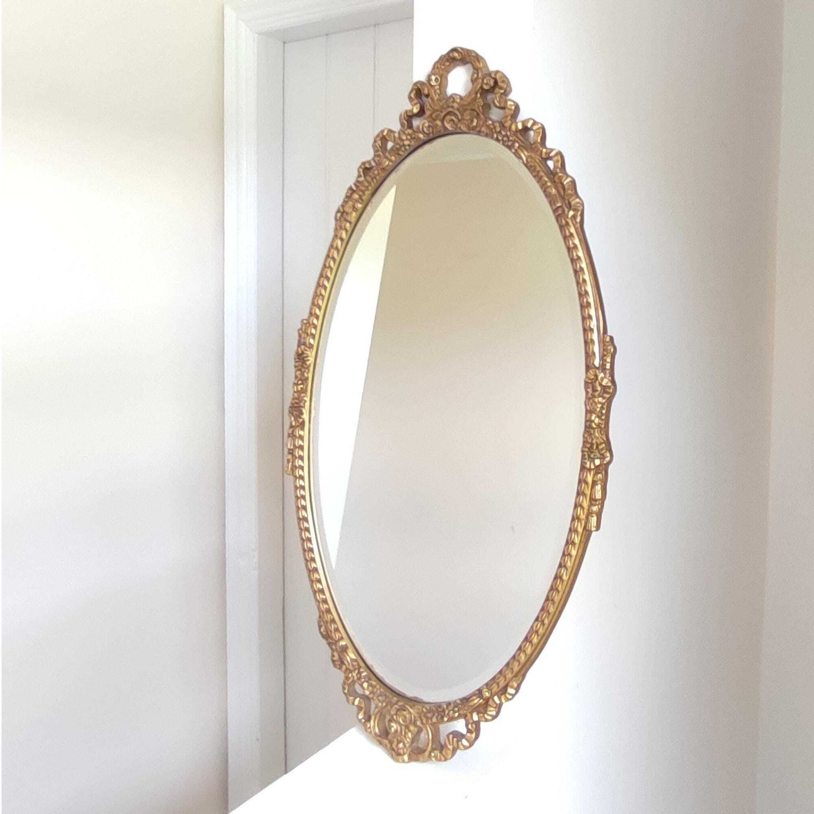 Mid Century Gold Gilt Oval Ornate Wall Mirror   Floral Swag Wood Framed Regency Rococo Bevel Edge Hollywood Glamour Bedroom Décor 27 X 14.5" photo furniture