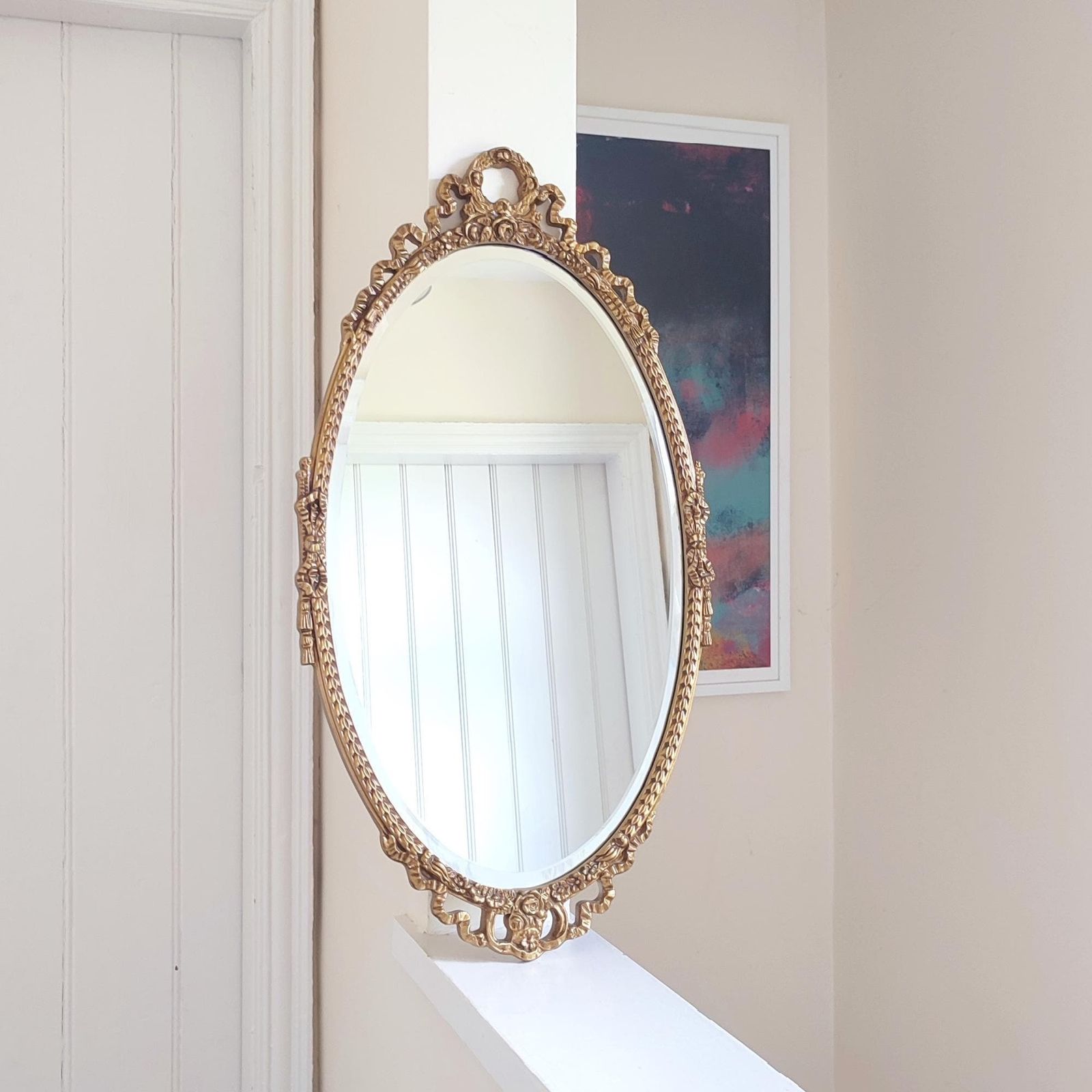 Mid Century Gold Gilt Oval Ornate Wall Mirror   Floral Swag Wood Framed Regency Rococo Bevel Edge Hollywood Glamour Bedroom Décor 27 X 14.5" photo for sale