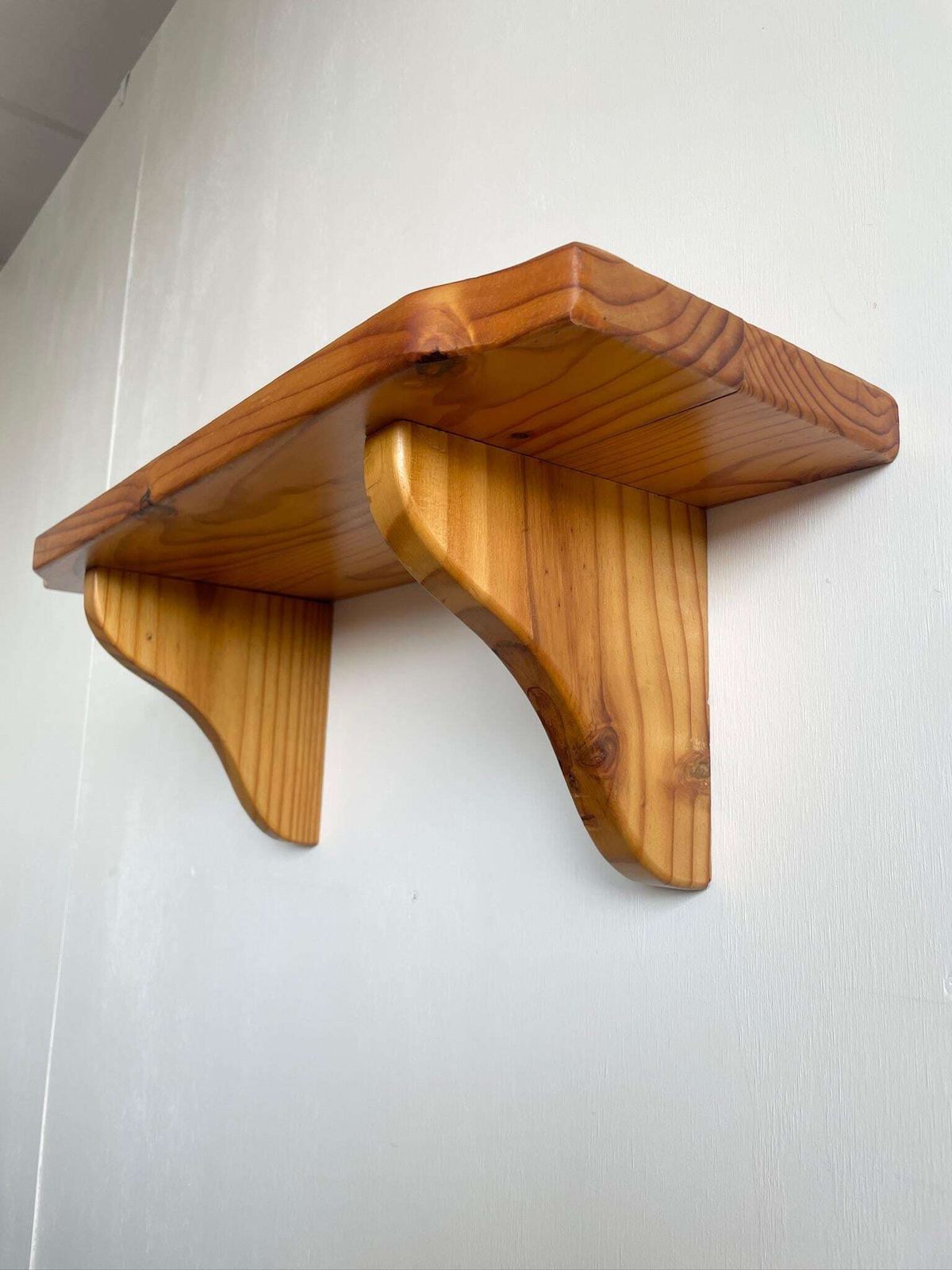 Chunky Vintage Pine Wall Shelf And Supports With Curved Cut Ins 70s 80s photo furniture