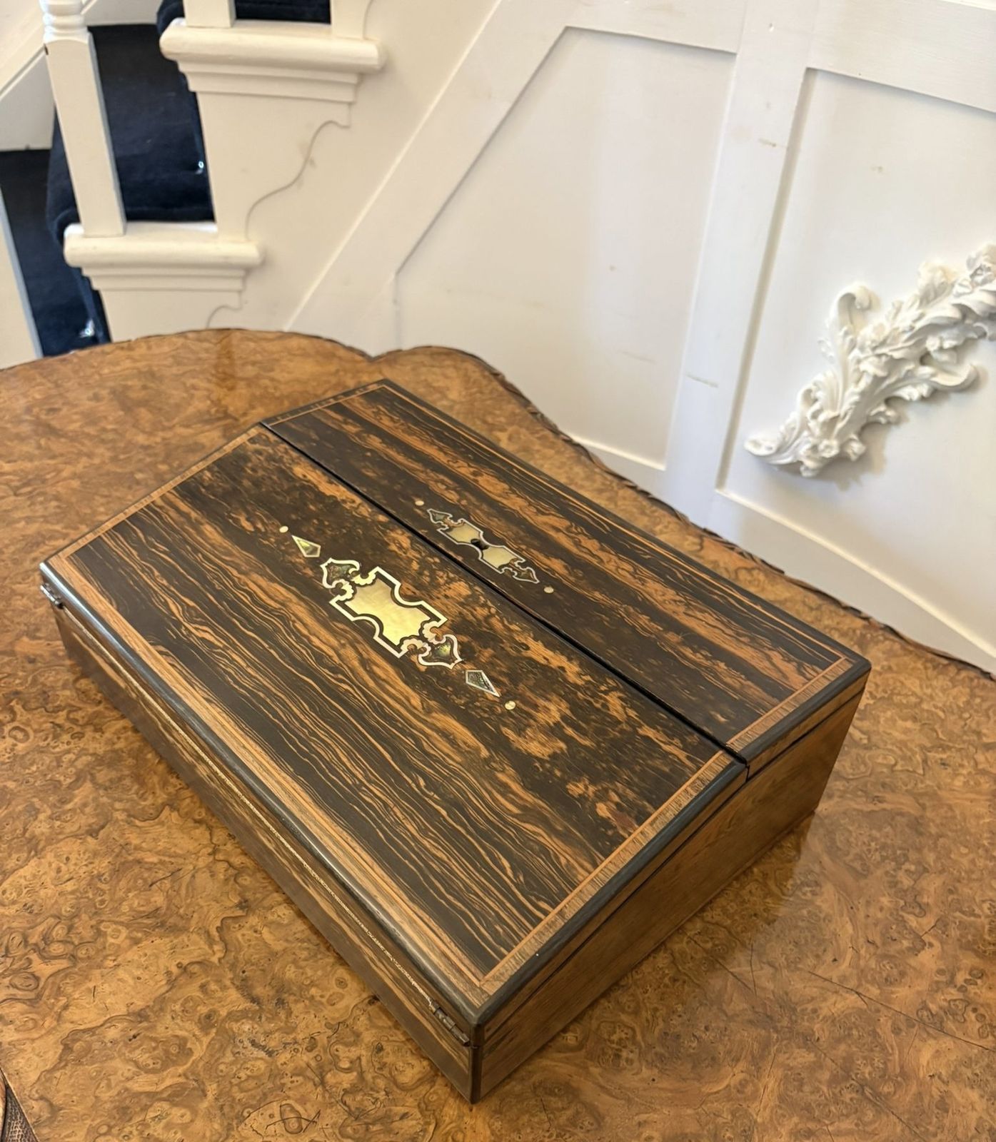 Unusual Antique 19th Century Quality Inlaid Coromandel Wood Writing Box photo 1545.0