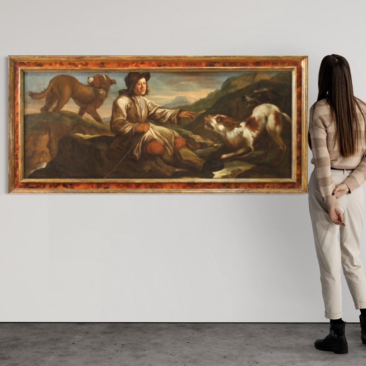 photo vintage Lombardijns Schilderij, 17e Eeuw – Herder Met Zijn Honden