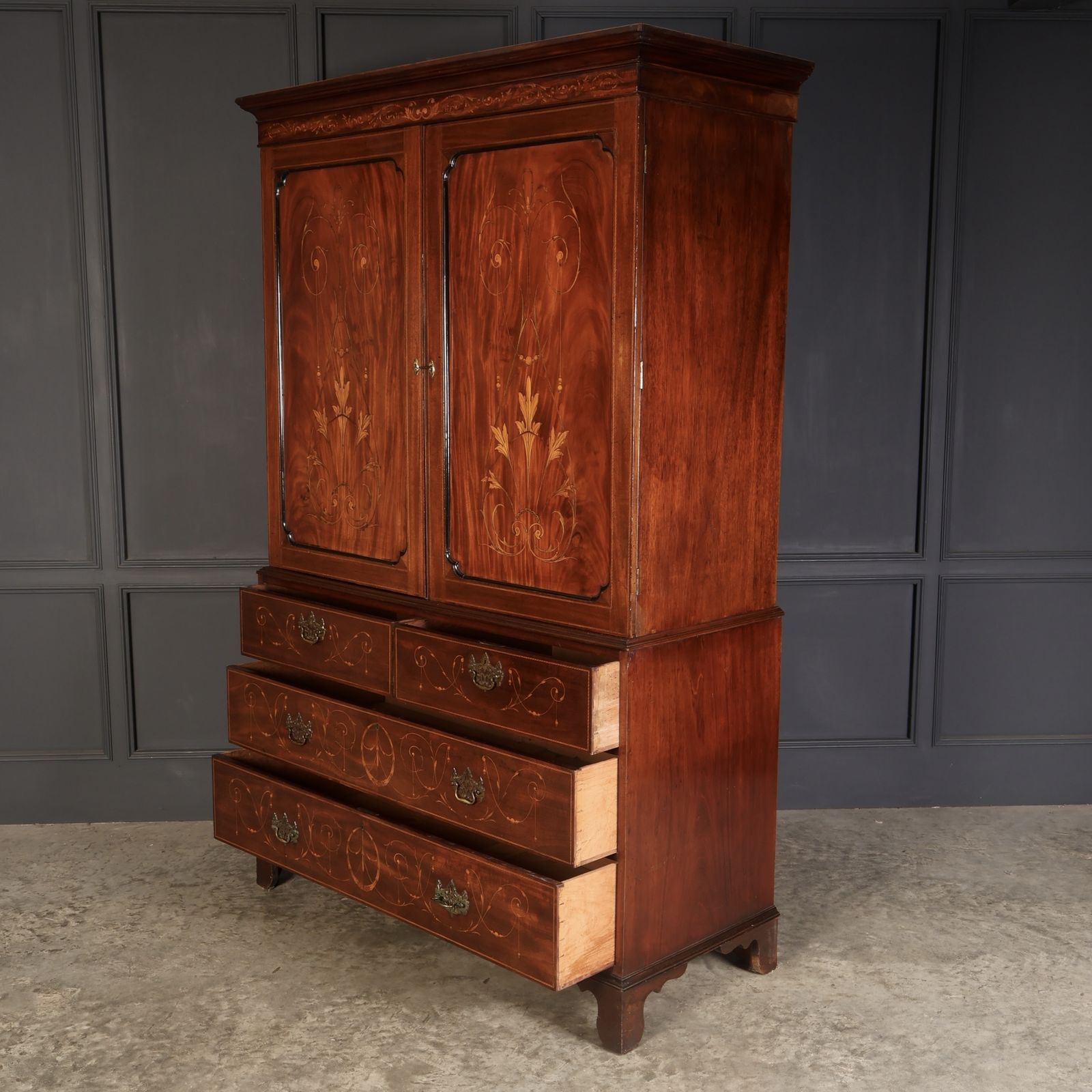 photo for sale Marquetry Inlaid Mahogany Linen Press
