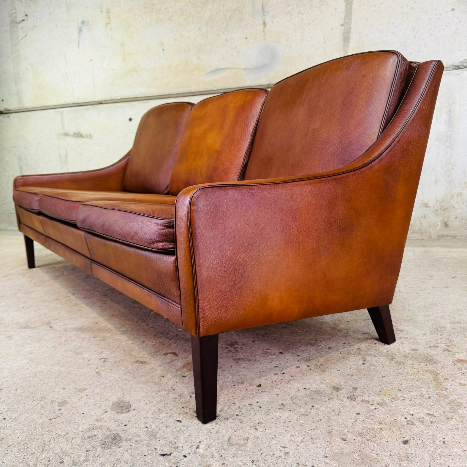 Vintage 1960s Danish Tan Leather Three Seater Sofa #A645 photo vinterior