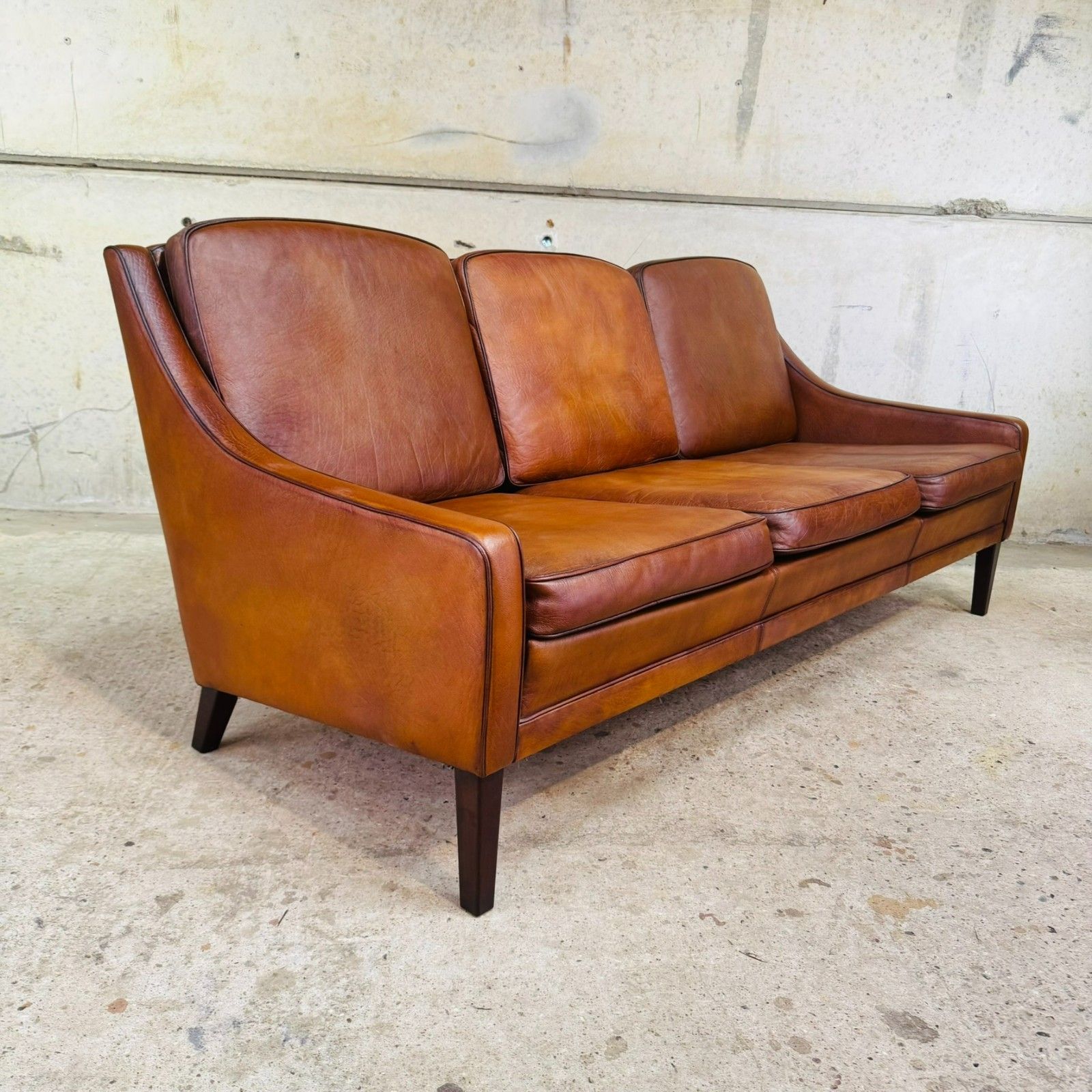 Vintage 1960s Danish Tan Leather Three Seater Sofa #A645 photo vintage