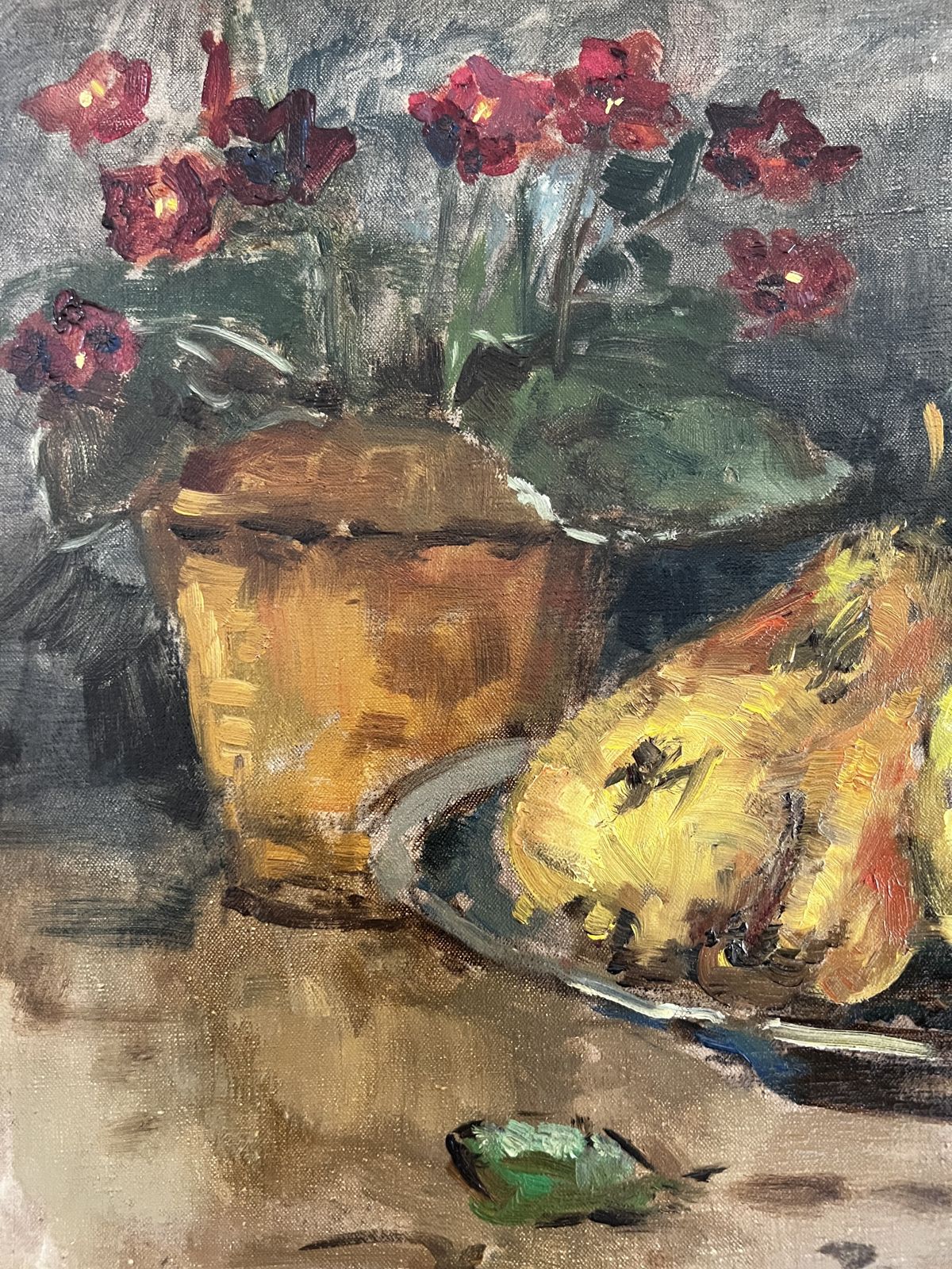 Fruit And Flower Cup, Original German Oil On Canvas Still Life Painting photo vintage