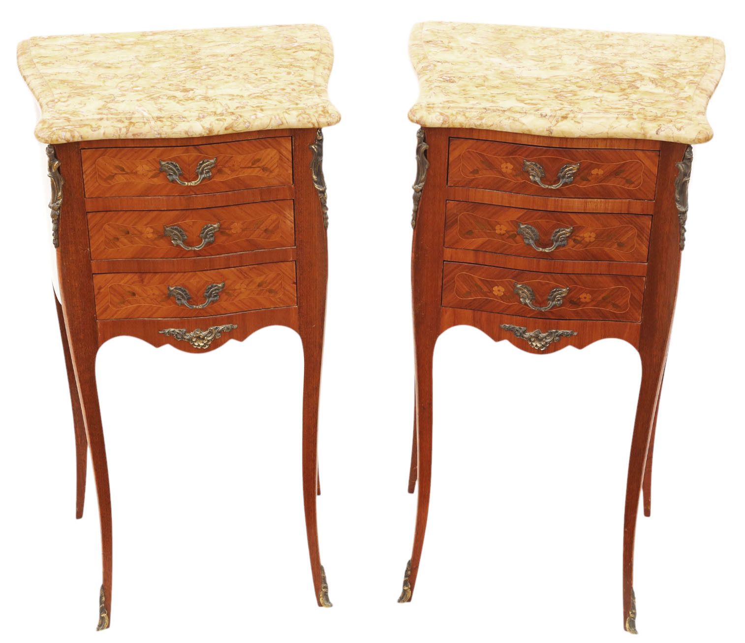 Antique Pair Marquetry Bedside Tables With Marble Tops – Quality Nightstands, Early 20th Century