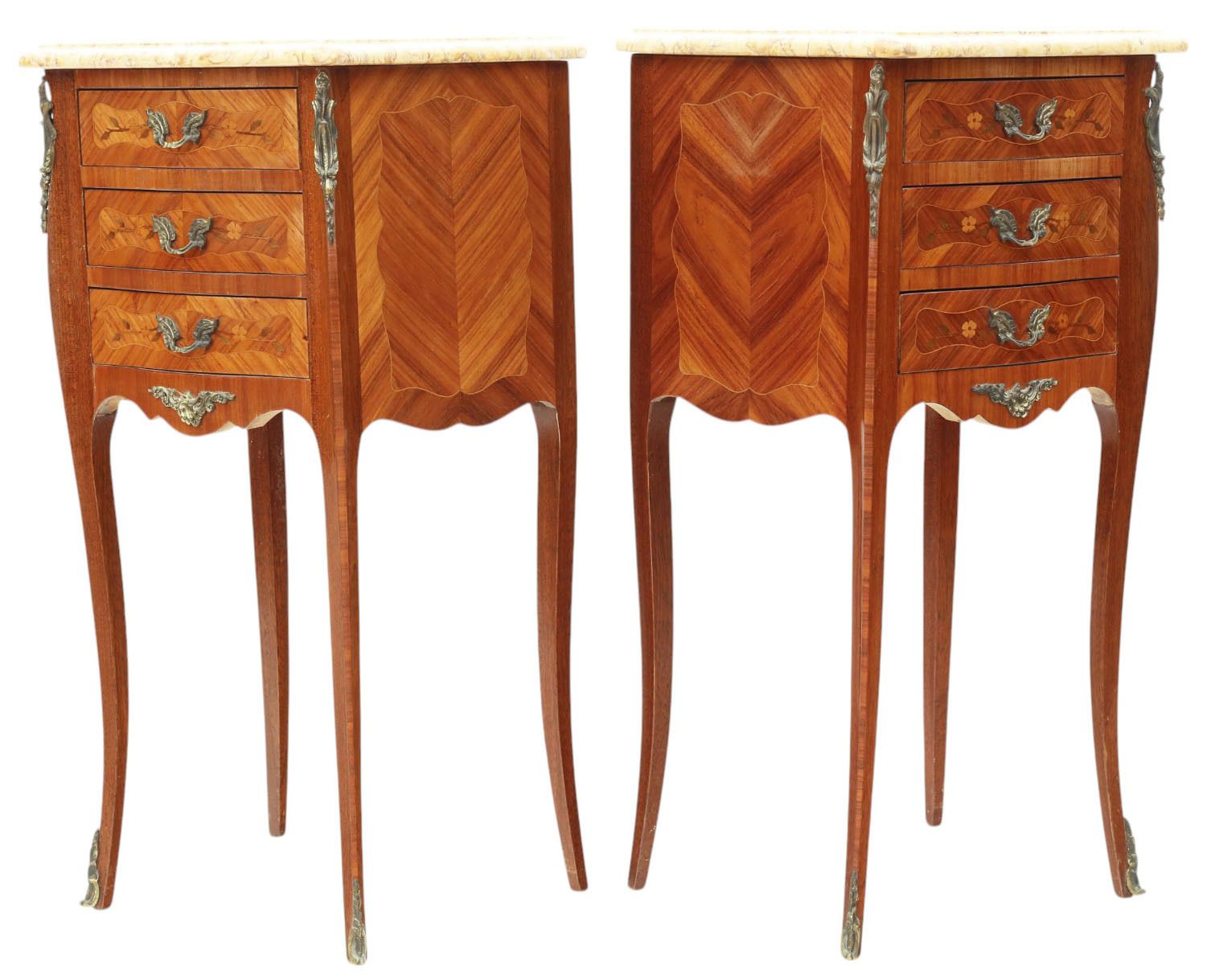 Antique Pair Marquetry Bedside Tables With Marble Tops – Quality Nightstands, Early 20th Century photo Furniture