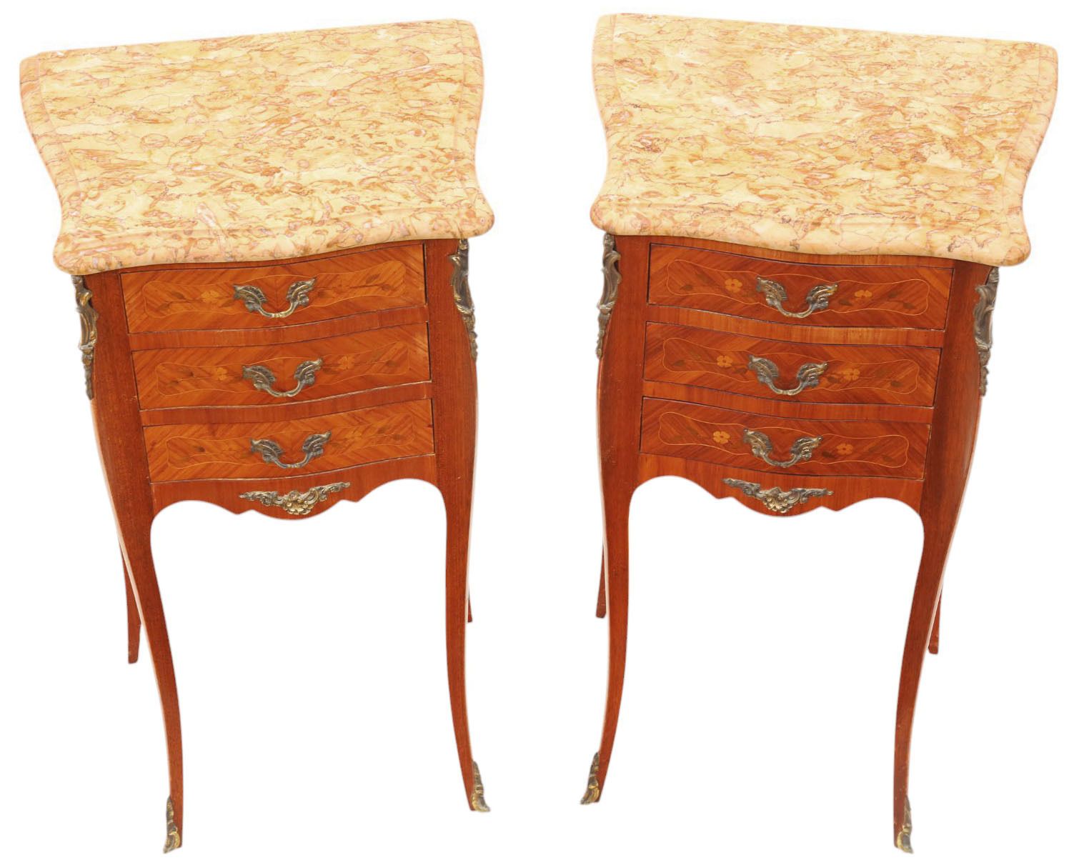 Antique Pair Marquetry Bedside Tables With Marble Tops – Quality Nightstands, Early 20th Century photo 1995.0