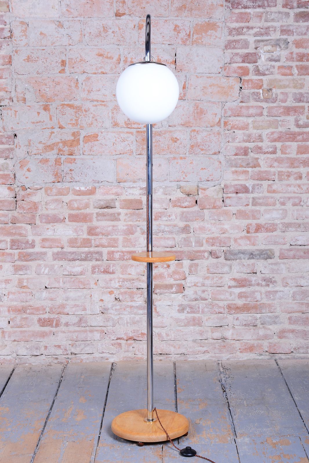 Restored Bauhaus Floor Lamp, Chrome, Beech, Opaline Milk Glass, Czech, 1930s photo buy