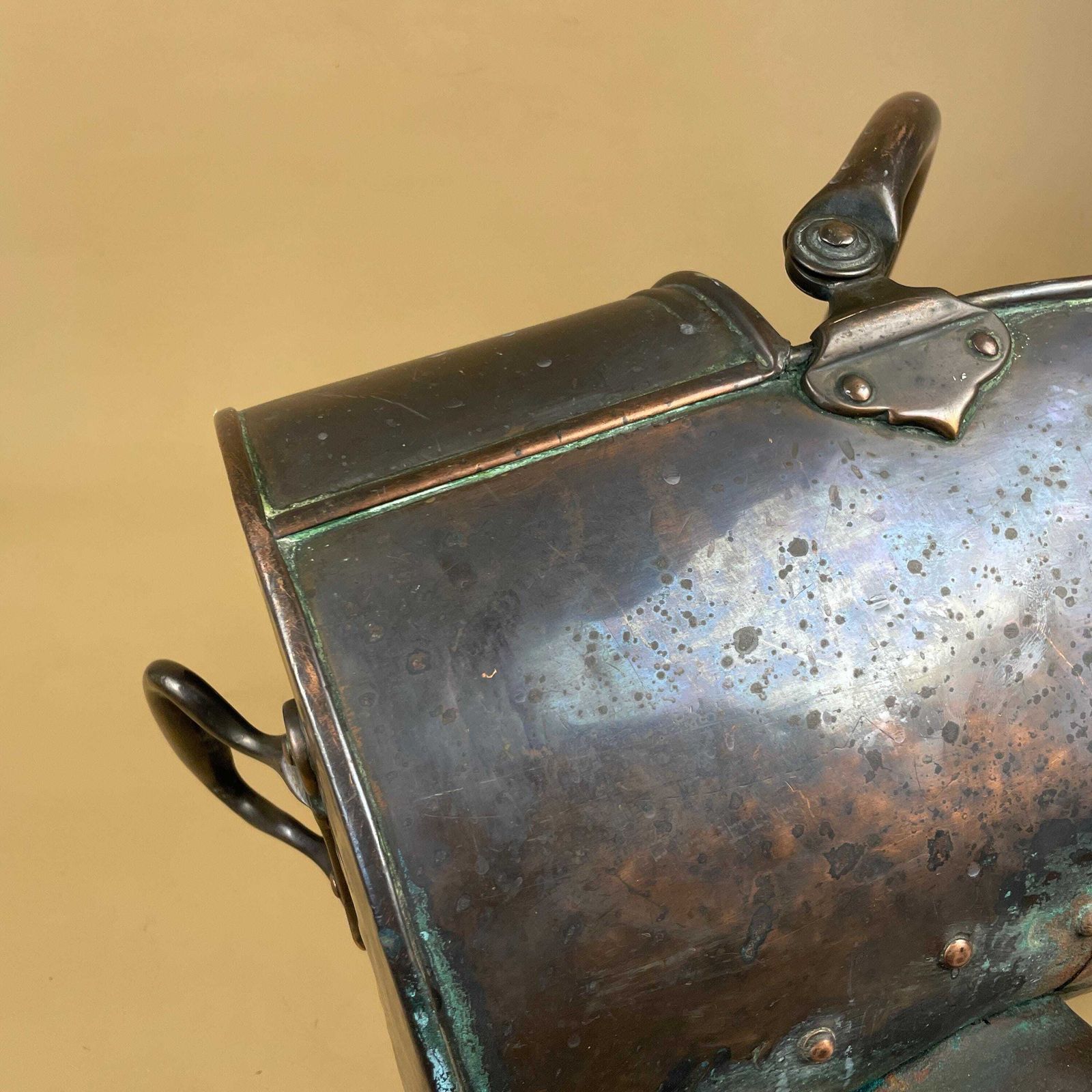 photo for sale Antique Metal Dark Copper Coal Bucket Handle Fireside Fire Side Scuttle Log Helmet Farmhouse Cottage Aged Patina Vintage Fireplace Bronze
