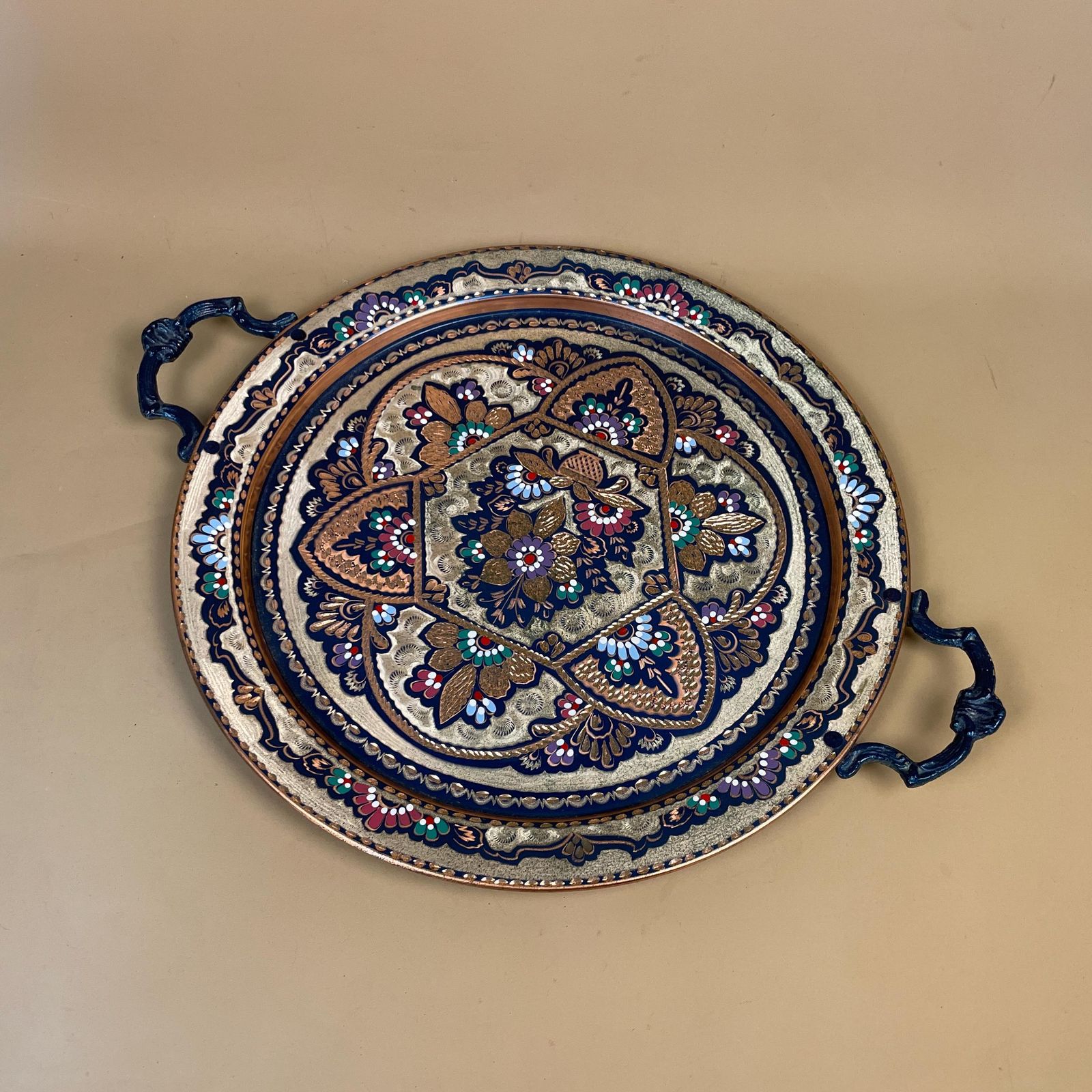 Antique Metal Copper Indian Patterned Brass Tray 45.5cm Plate Handmade Copper Etched Intricate Vintage Decorative Round Colourful Handles