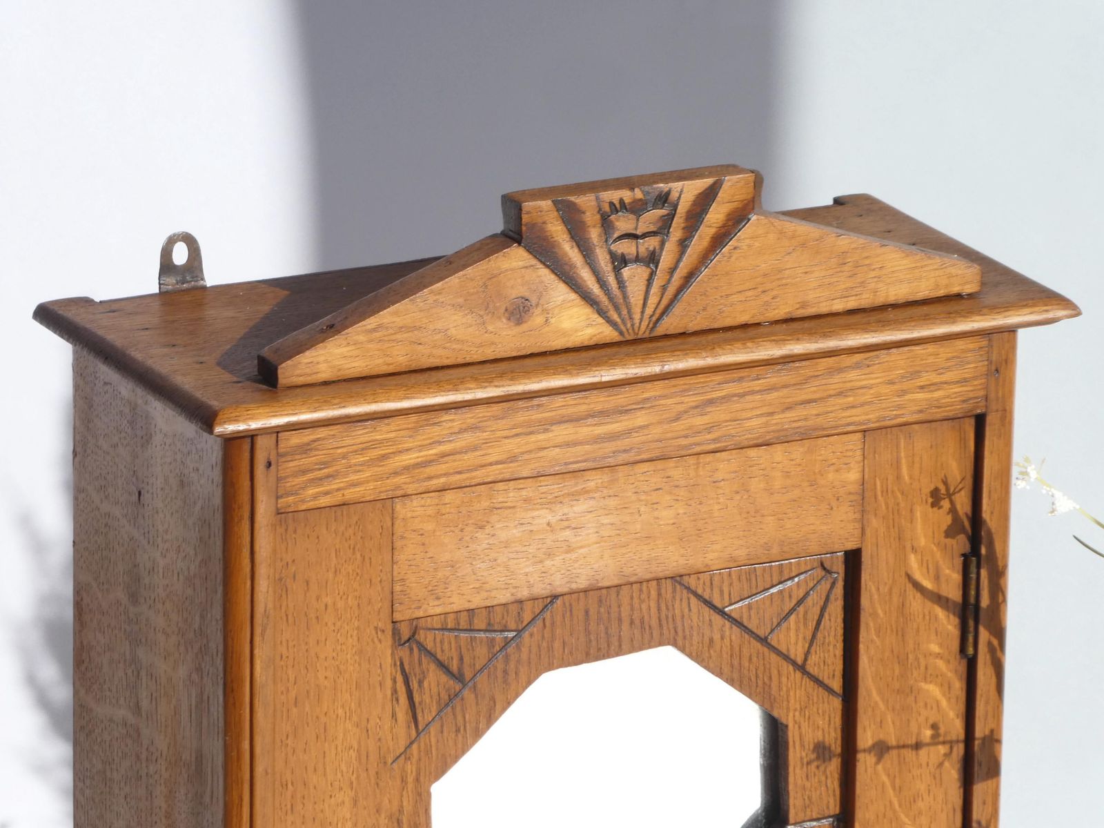 Antique Art Deco Wooden Wall Cabinet With Mirror And Carved Details, Small Apothecary With Shelves And Drawer, Medicine Cabinet Farmhouse photo for sale