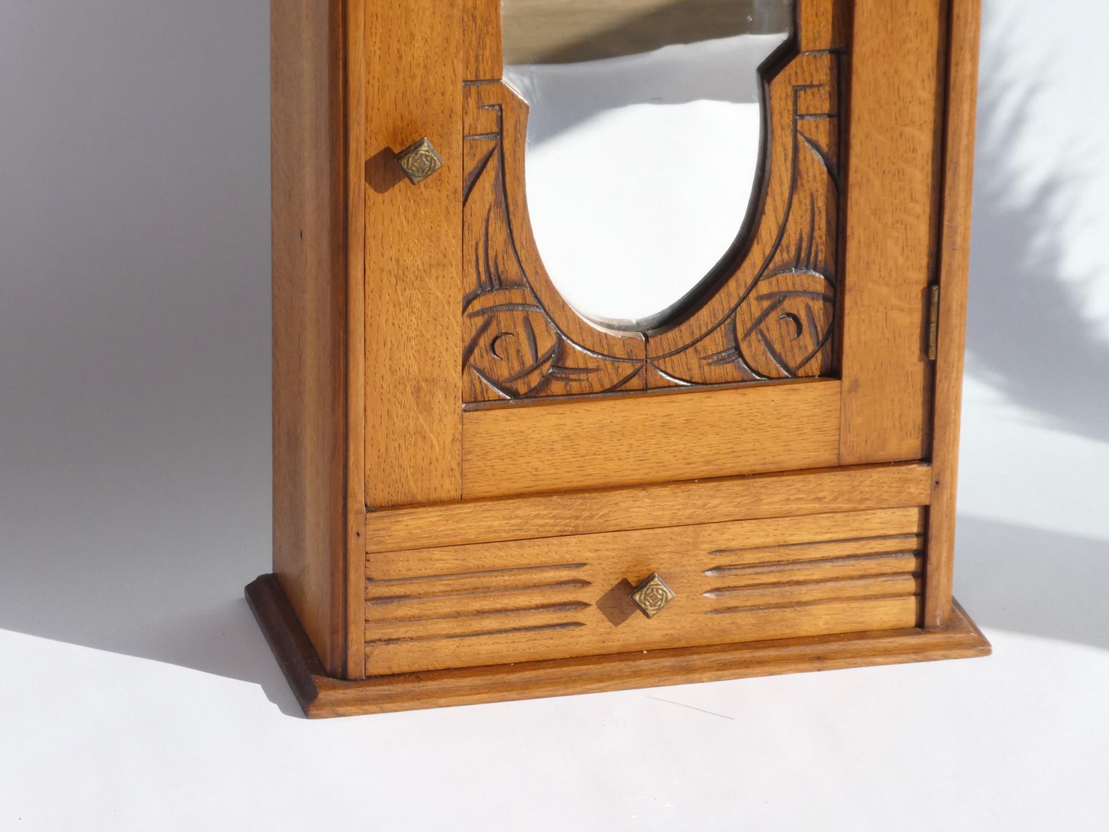 photo furniture Antique Art Deco Wooden Wall Cabinet With Mirror And Carved Details, Small Apothecary With Shelves And Drawer, Medicine Cabinet Farmhouse