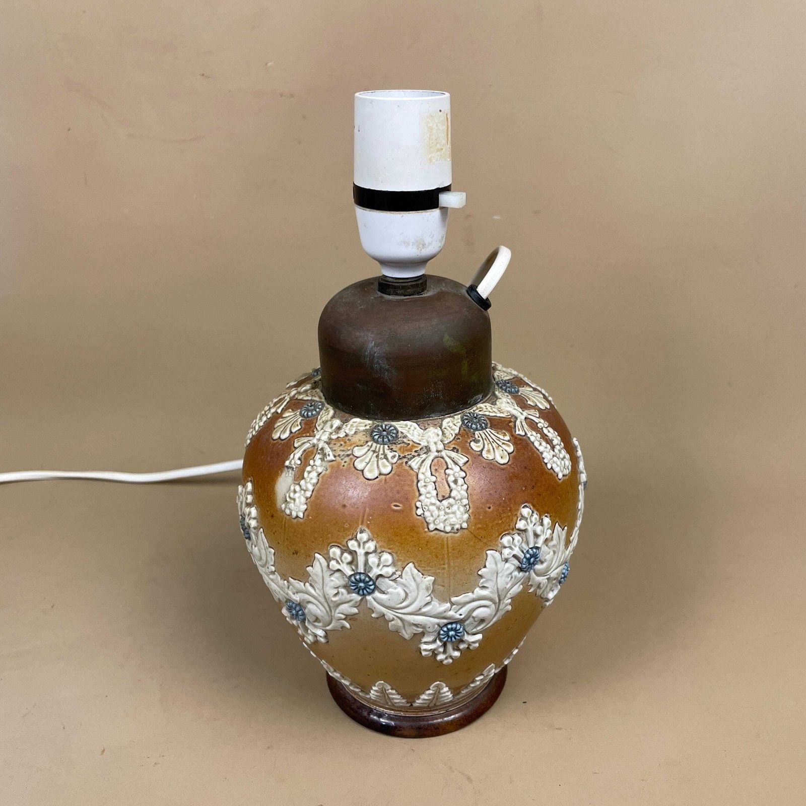 Antique Art Nouveau Doulton Lambeth Lamp 1884 Converted Old Jug Small Pottery Brown Brass Top Old Pac Tested June 2025 photo 89.0