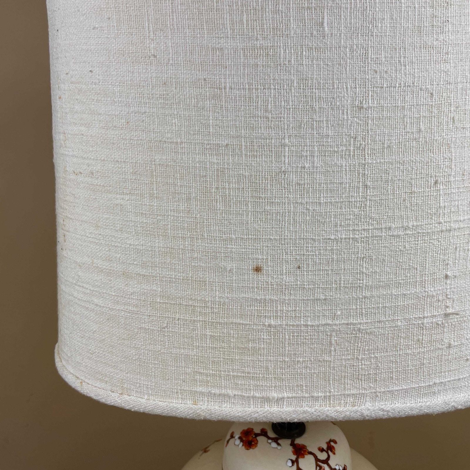 Antique Oriental Ceramic Lamp Floral Table Light Cream Wooden Base Chinese Double Bulb With Cream Cylinder Shade photo for sale