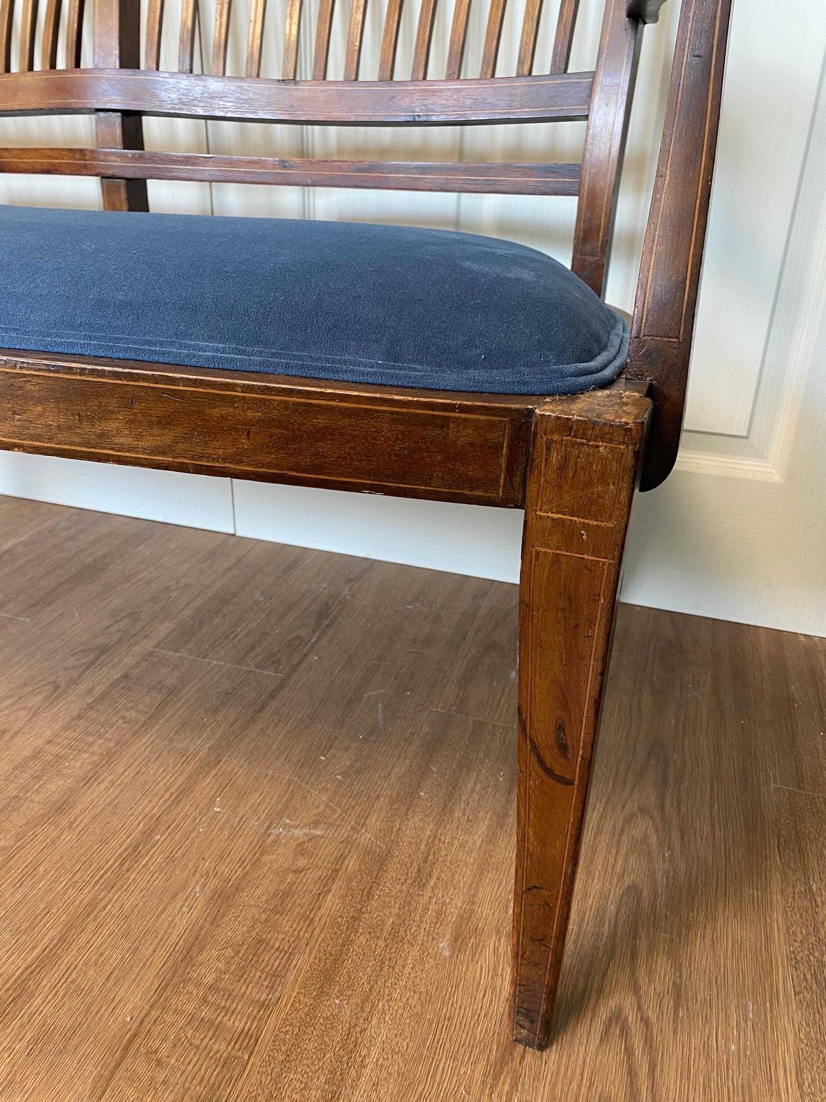 Antique Edwardian Refurbished Mahogany Inlaid Marquetry Love Seat Settee Blue Velvet photo Furniture