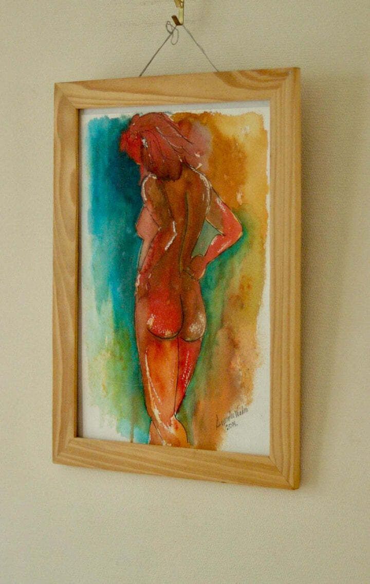 Original Swedish Watercolour "Nude" By Lomelu Wedin, 2014 | Contemporary & Framed – 24 × 34 Cm | 9.4 × 13.4 In | Paper photo for sale