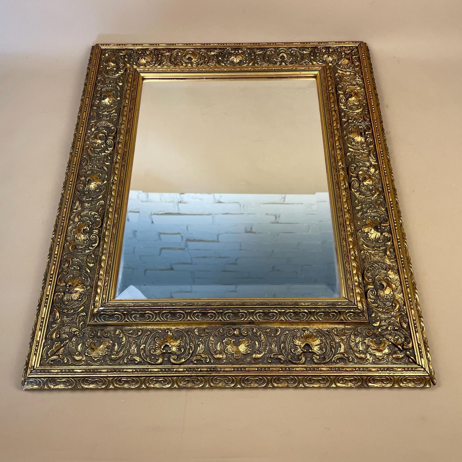 Antique Wooden Wall Mirror Portrait Rectangle Gold Ornate Frame Bevelled Glass Patterned Edge Bedroom Hallway Living Room Rectangular