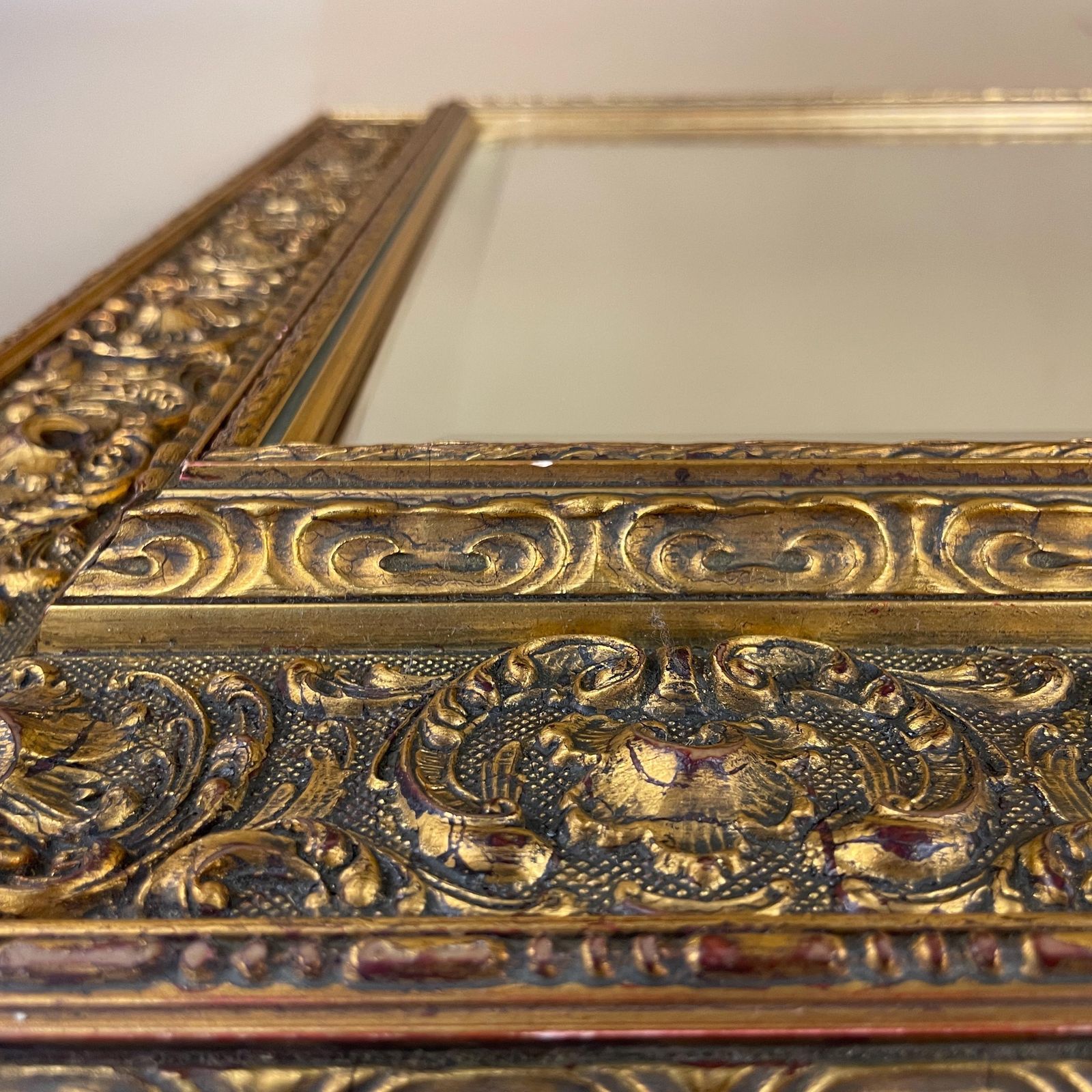 photo for sale Antique Wooden Wall Mirror Portrait Rectangle Gold Ornate Frame Bevelled Glass Patterned Edge Bedroom Hallway Living Room Rectangular
