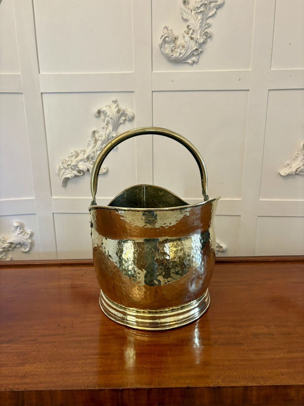 Antique Quality Brass Helmet Shaped Coal Shuttle photo for sale