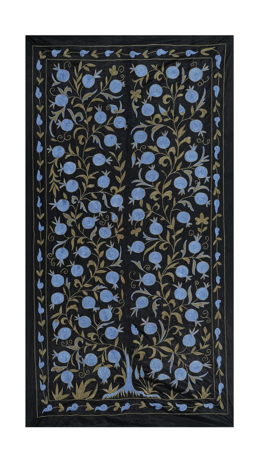 Silk Suzani From Uzbekistan, Central Asia Black And Blue Samarkand Wall Hanging Decor, Floral Uzbek Bedspread 103 X 186