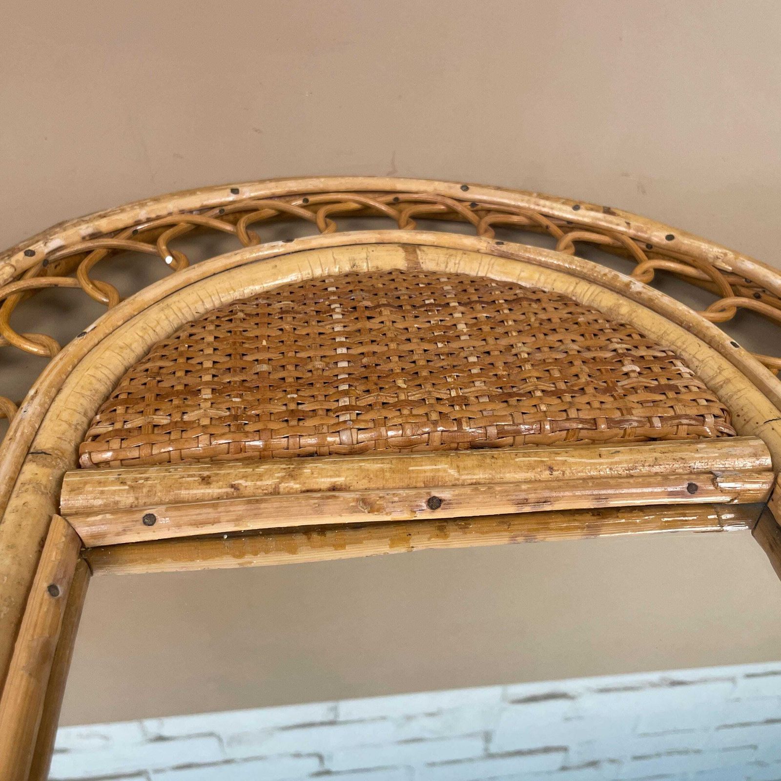 Vintage Bamboo Arched Wall Mirror Italian Riviera Rattan Woven Cane C.1950s Medium Hallway Bedroom photo Home Decor