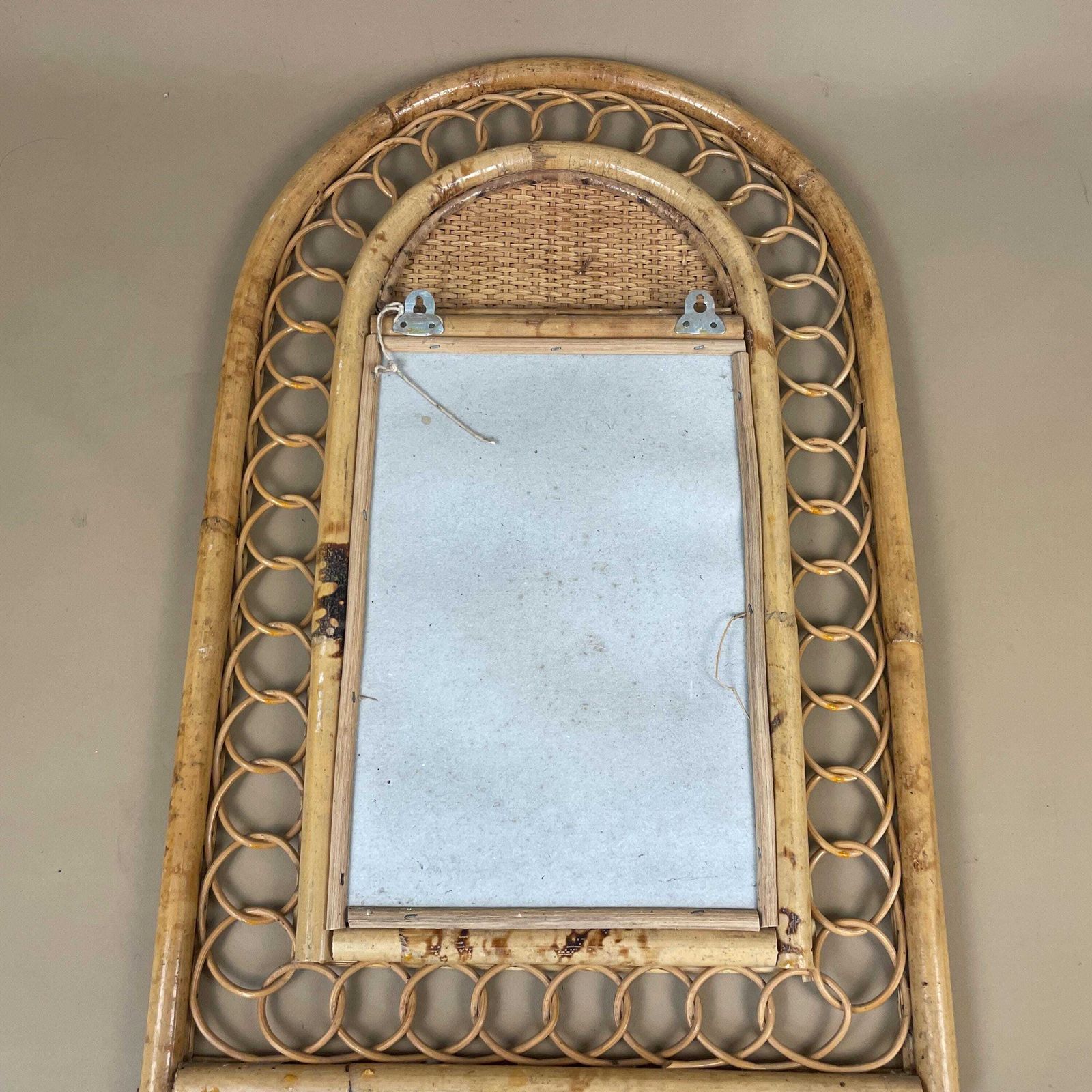 photo furniture Vintage Bamboo Arched Wall Mirror Italian Riviera Rattan Woven Cane C.1950s Medium Hallway Bedroom