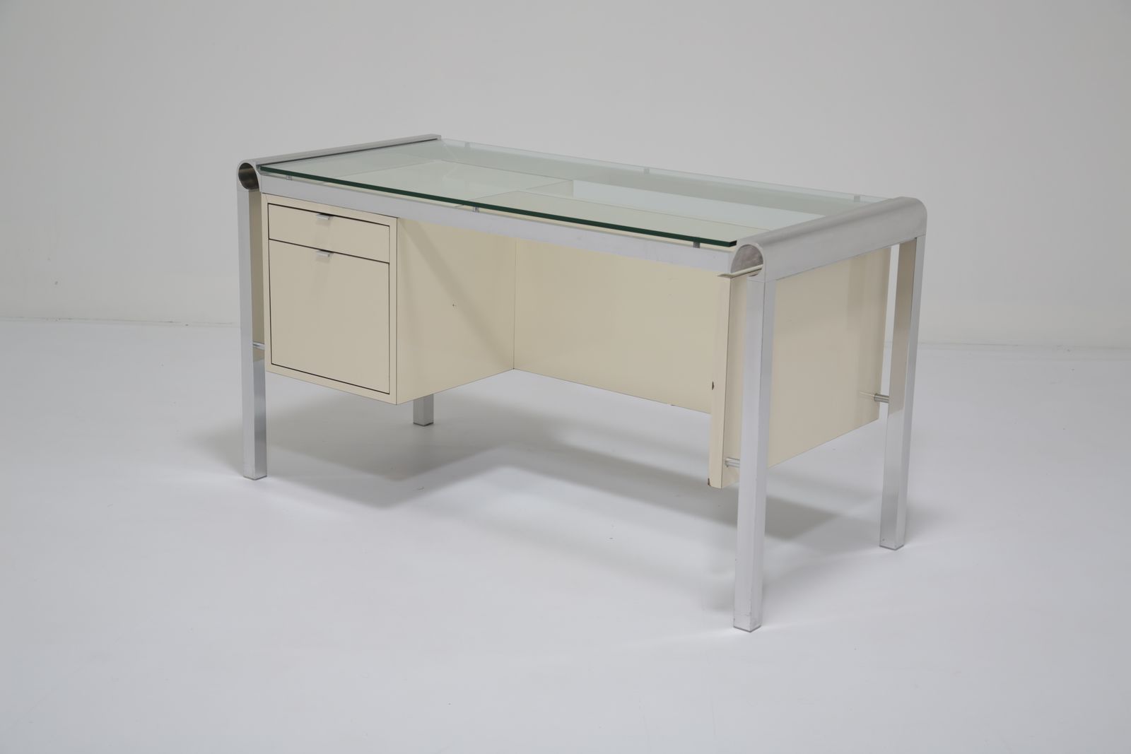 Pierre Cardin Architectural Desk: In Cream Lacquer & Chrome With Glass Top, 1970s