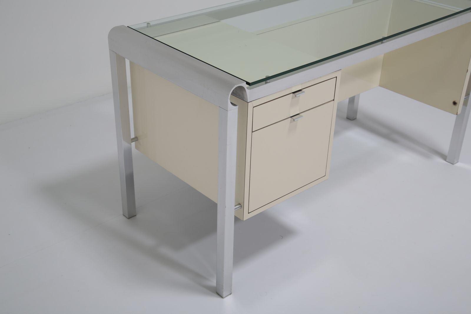 Pierre Cardin Architectural Desk: In Cream Lacquer & Chrome With Glass Top, 1970s photo buy