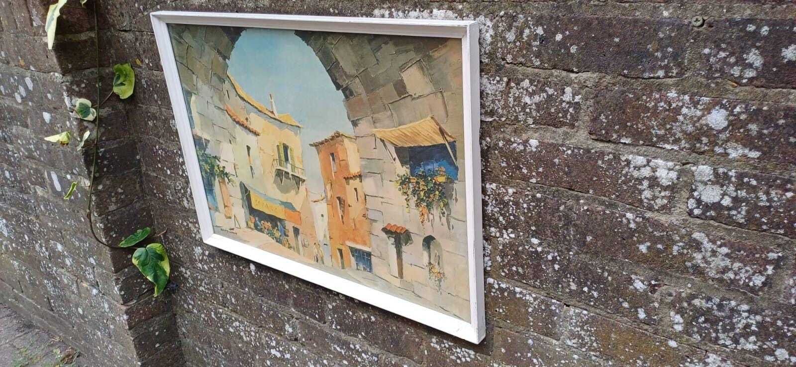 Vintage Framed Print “The Old Archway” By Morlyn Jones – Mediterranean Village Scene – 1960s Wall Art, White Frame, Retro Charm photo for sale
