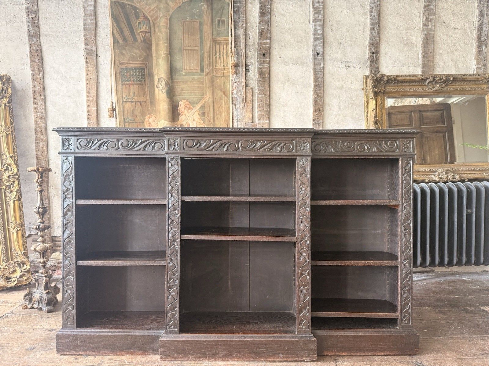 Antique Oak Gothic Carved Freestanding Open  Adjustable Shelves Bookcase C1880 photo furniture