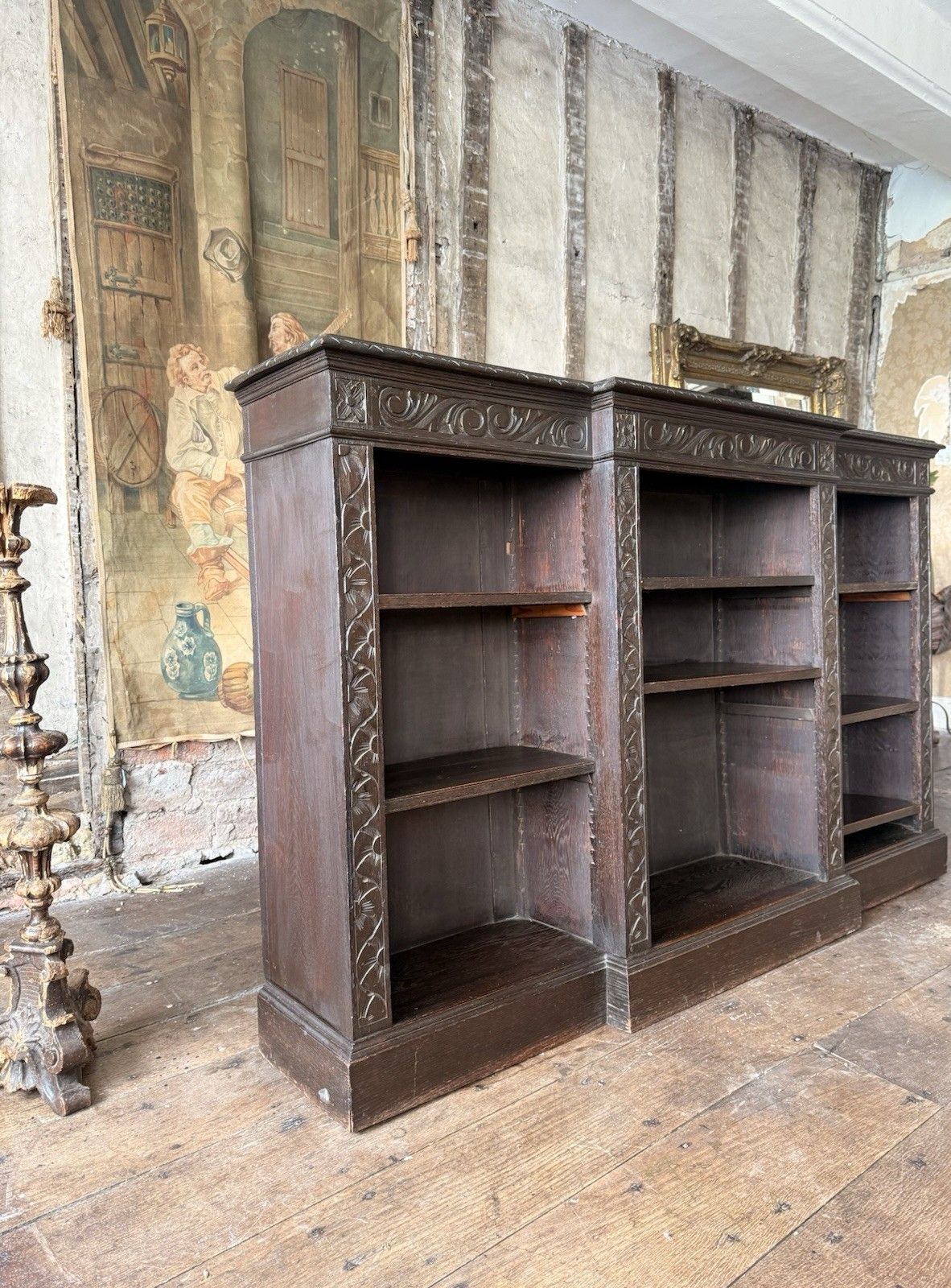 Antique Oak Gothic Carved Freestanding Open  Adjustable Shelves Bookcase C1880 photo 1099.0