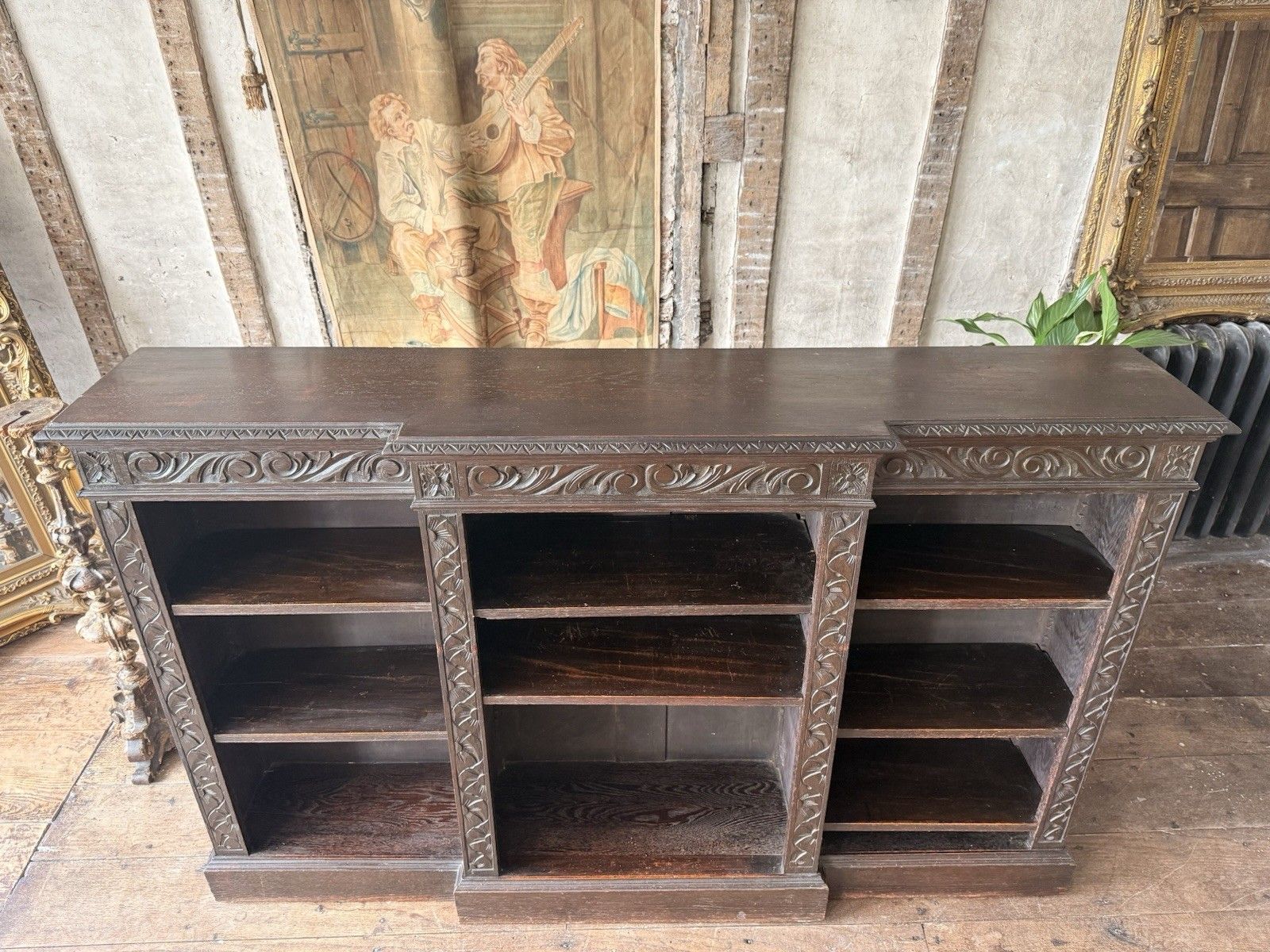 photo furniture Antique Oak Gothic Carved Freestanding Open  Adjustable Shelves Bookcase C1880