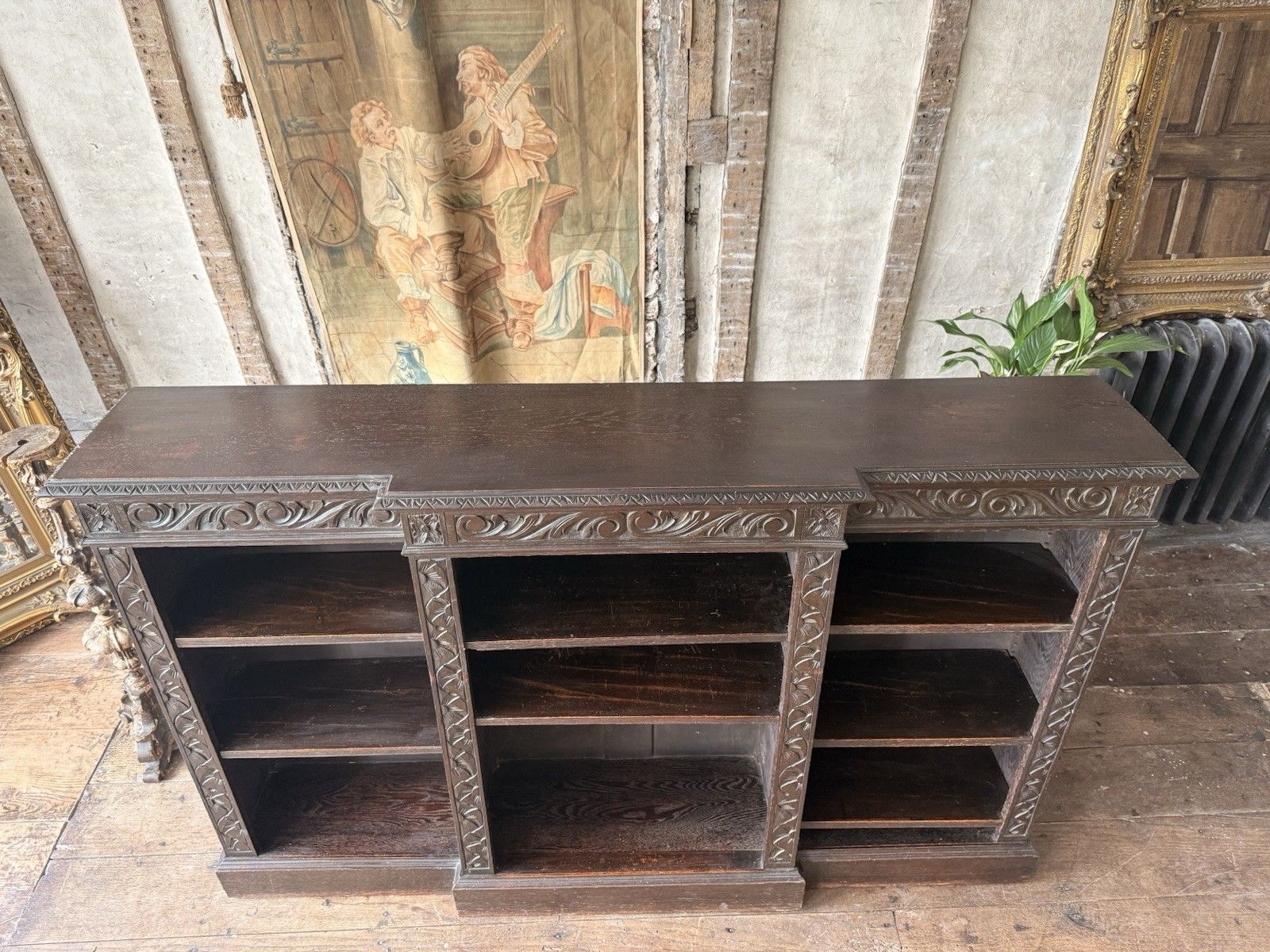 Furniture Antique Oak Gothic Carved Freestanding Open  Adjustable Shelves Bookcase C1880 photo