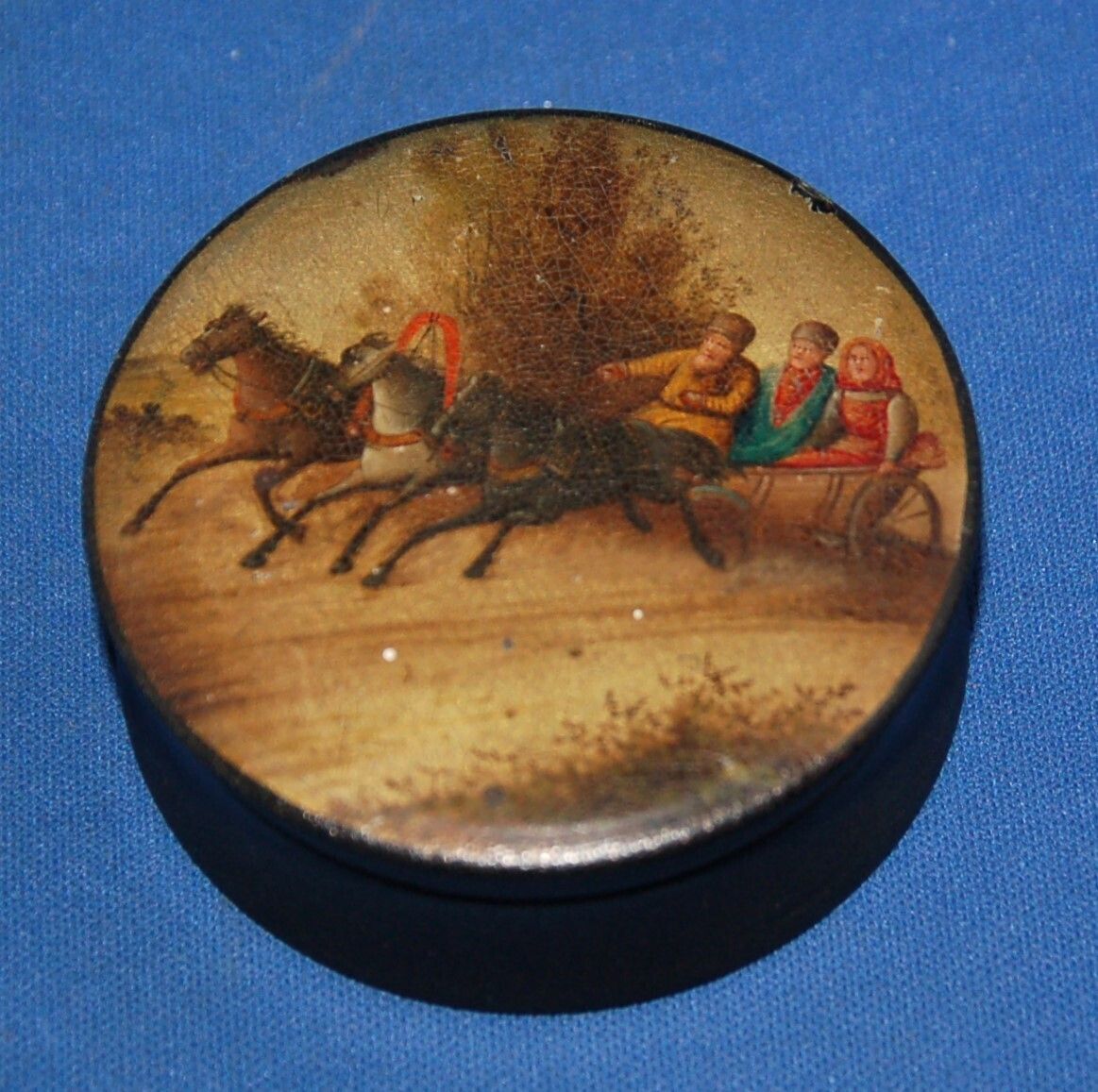 A Hand Painted 19th Century Russian Troika Winter Scene Papier Mache Snuff Box