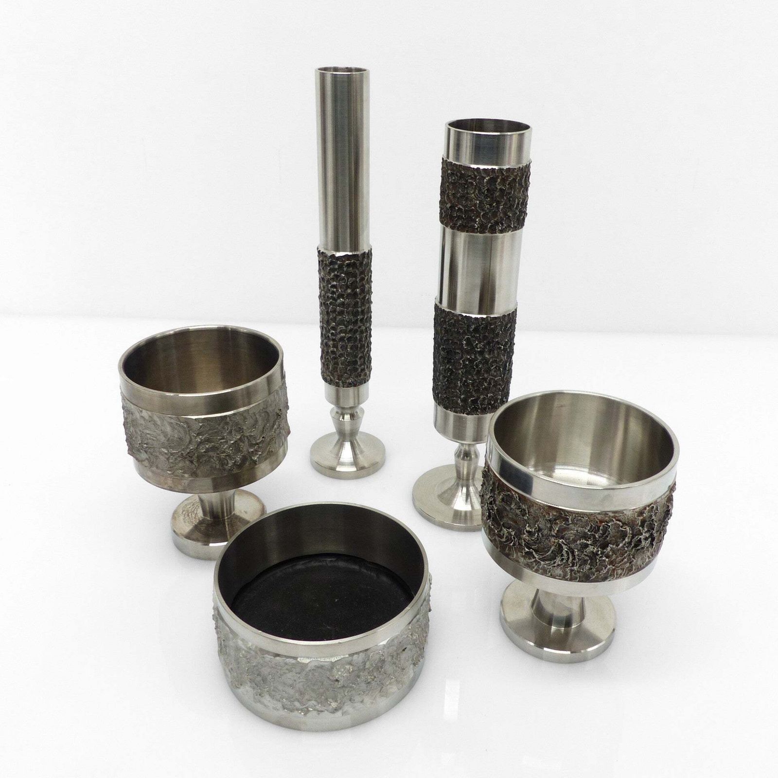 Set Of 5 Brutalist Steel Vases And Bowls 1970