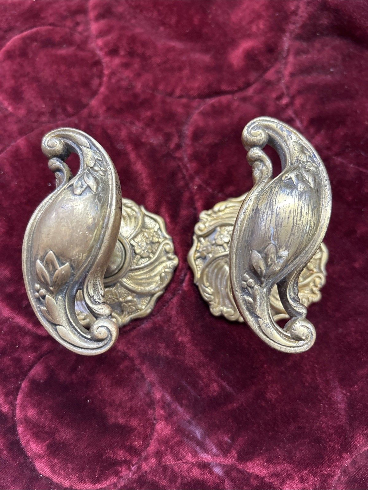 Pair Of Antique Gilt Brass Door Handles French Nouveau Unique Sets Push Pull Old photo for sale