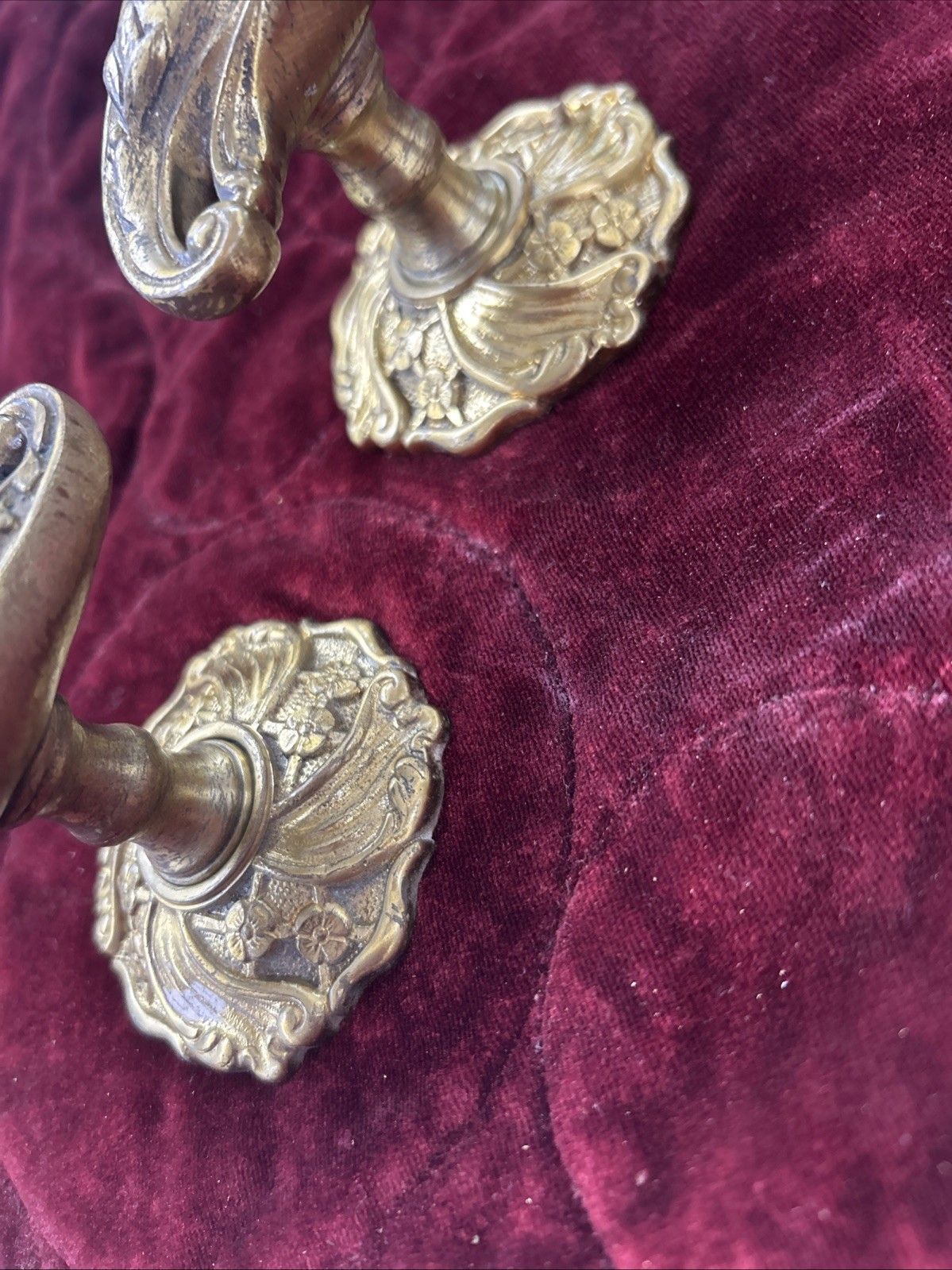 Pair Of Antique Gilt Brass Door Handles French Nouveau Unique Sets Push Pull Old photo vinterior