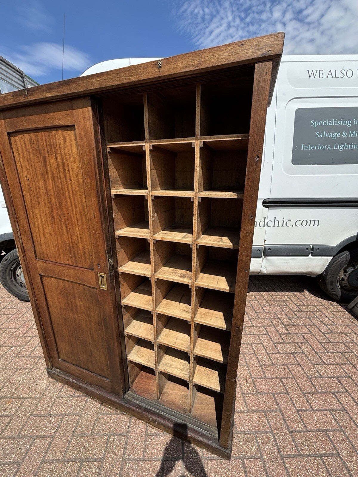 photo vinterior Edwardian Shop Cupboard With Pigeon Holes And Shelving. Sliding Doors.