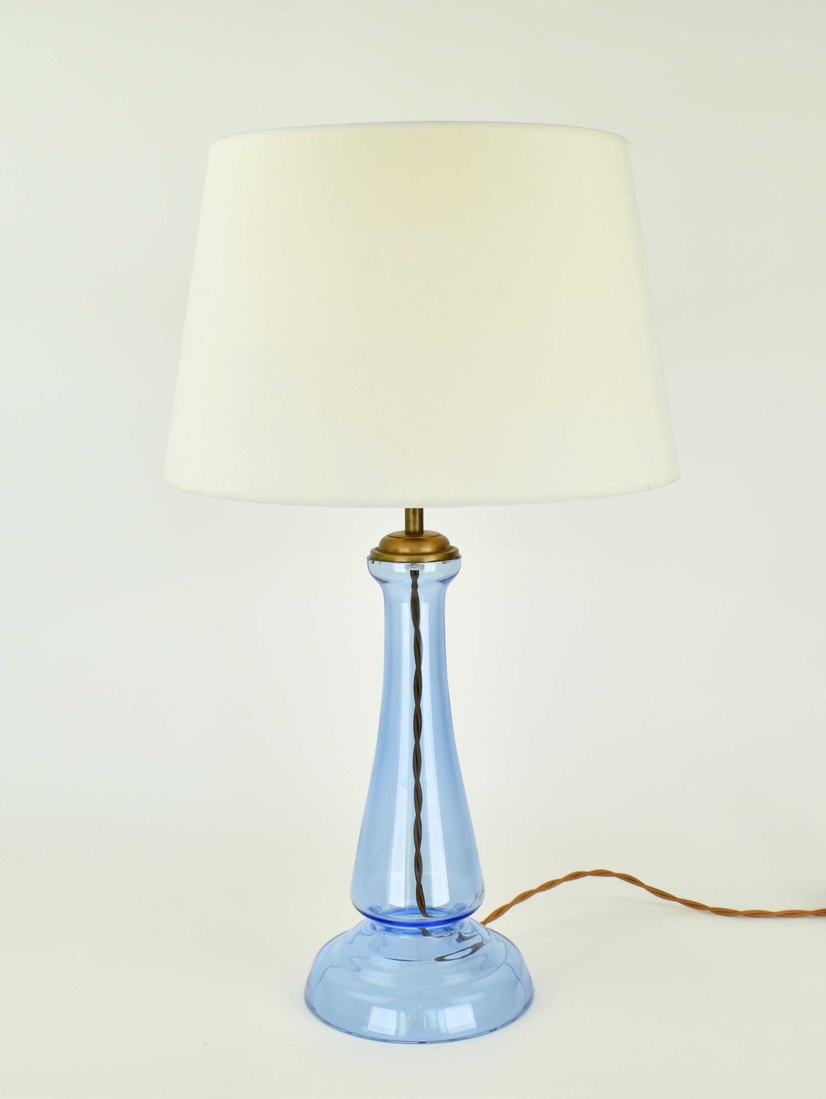 Vintage Laura Ashley Cornflower Blue Glass Table Lamp | Accent Light 1990 2000s Brass Bedside Buffet European British Coastal photo vinterior