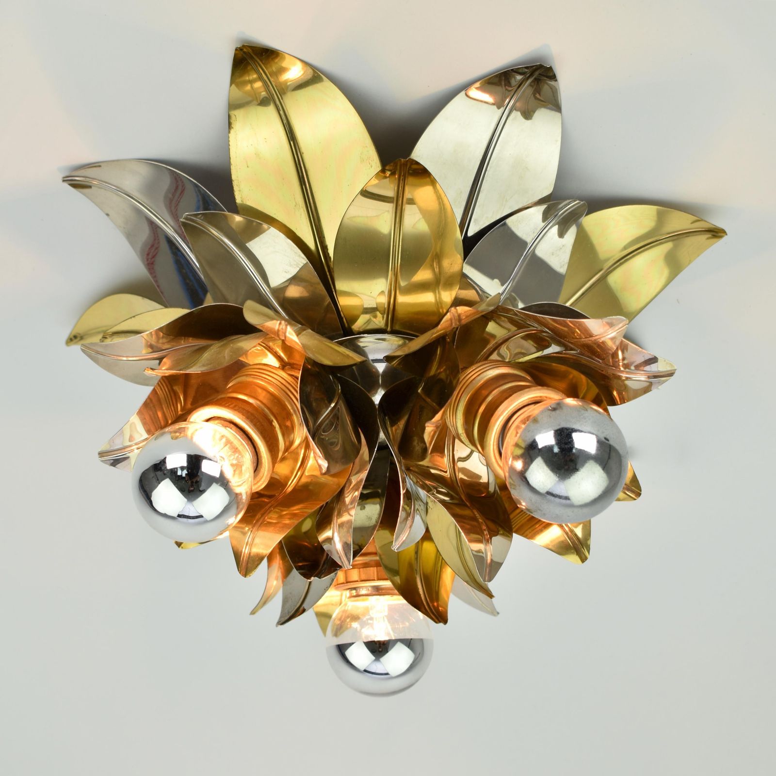 photo for sale Mid Century Maison Jansen Style Flush Mount | Gold Silver Brass Aluminium Flower Ceiling Light Fixture Lamp | Bagues Banci Italian Vintage