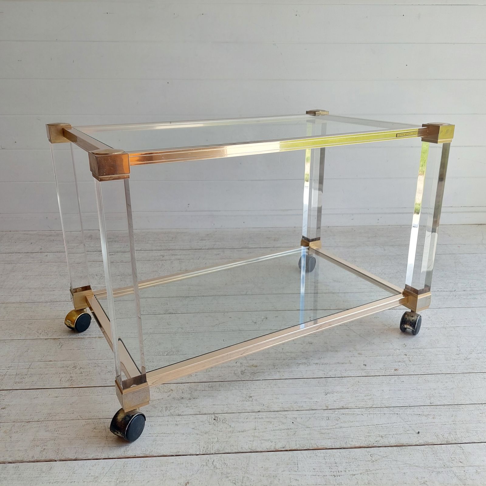 photo furniture Mid Century Lucite Glass Brass Coffee Table Trolley Hollywood Regency By Pierre Vandel France  70s