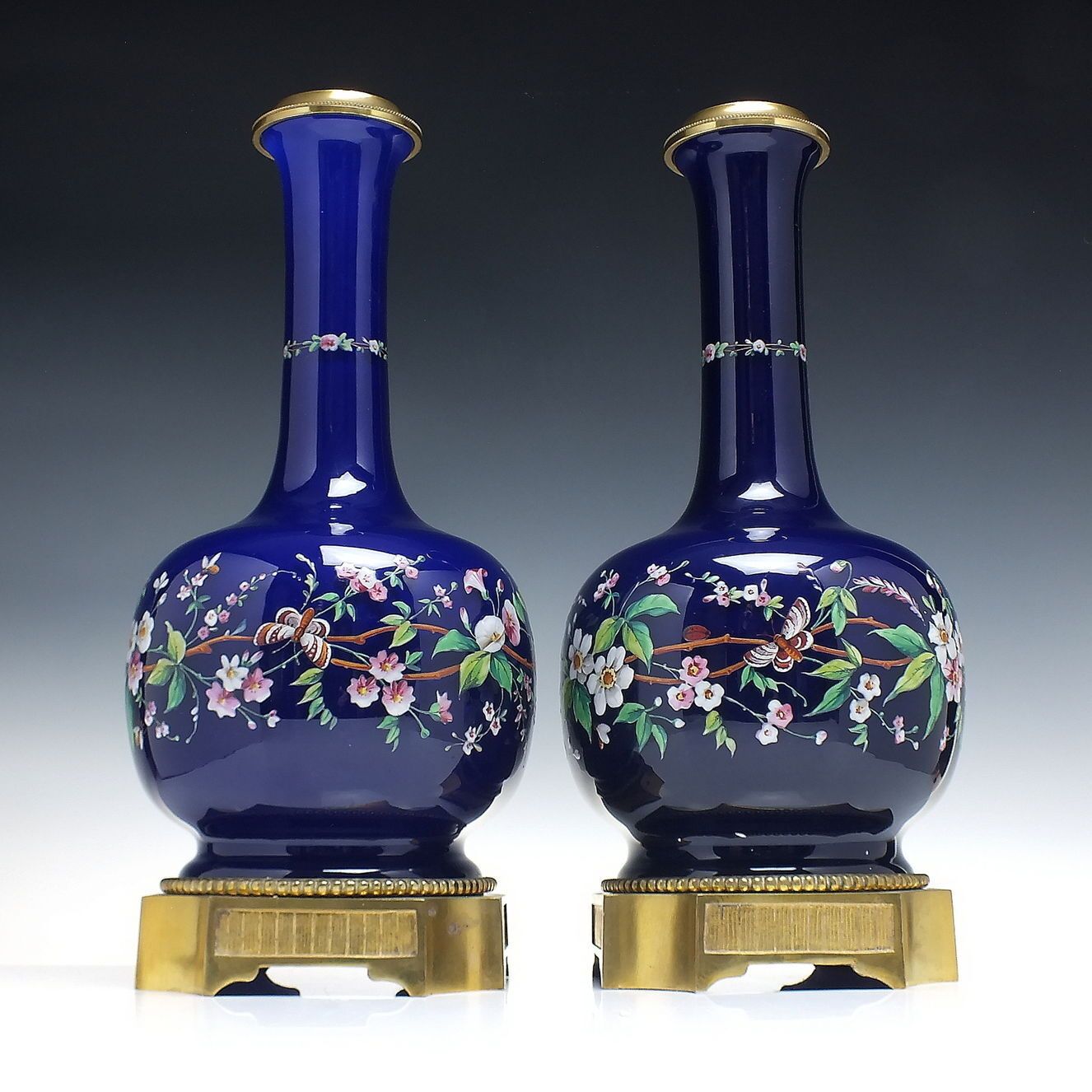 Rare Pair Large Japanese Enamelled Glass Insense Burner Vases C1900
